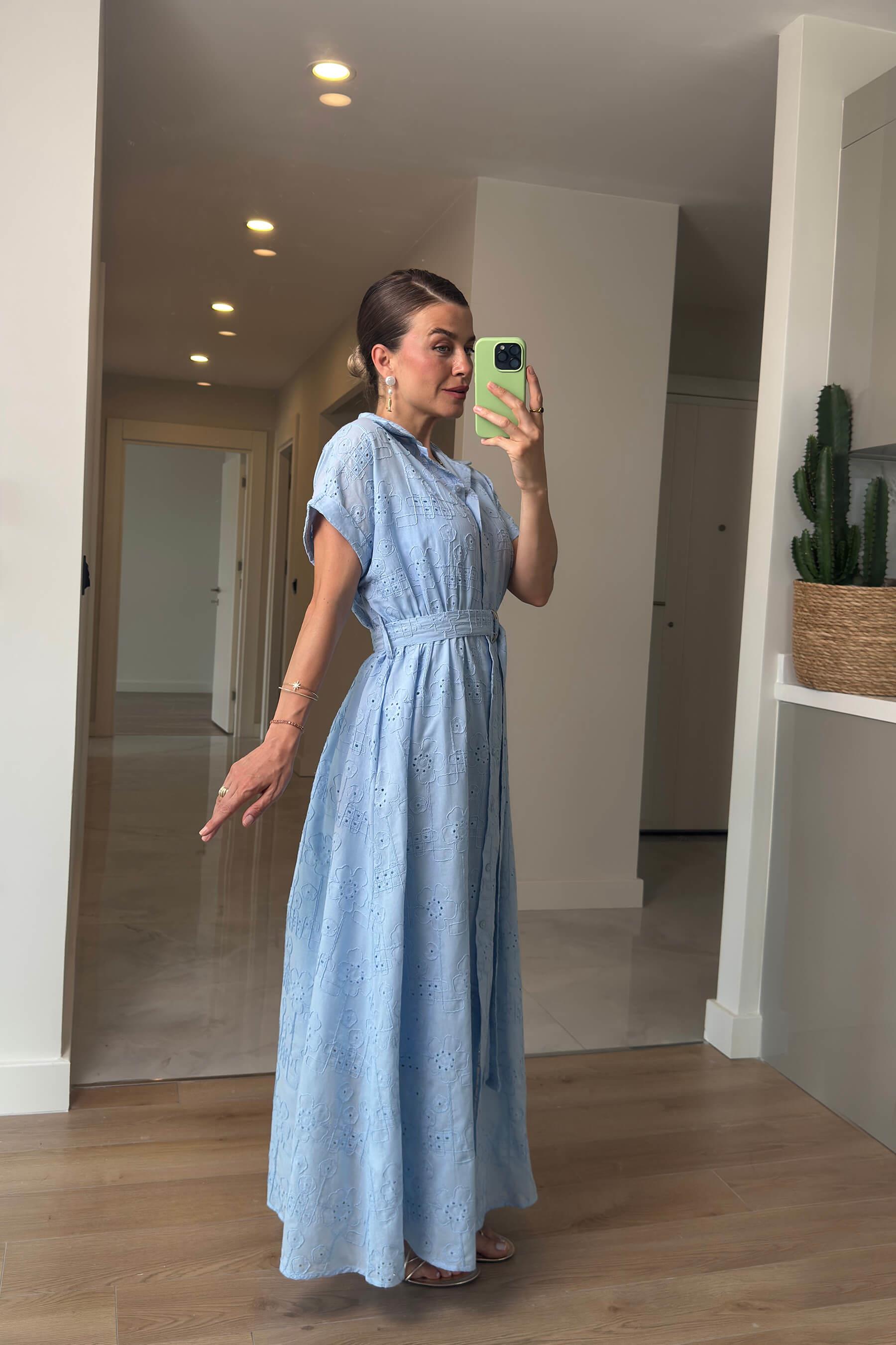 Bebe Mavisi Astarlı Kemerli Fisto Gömlek Elbise