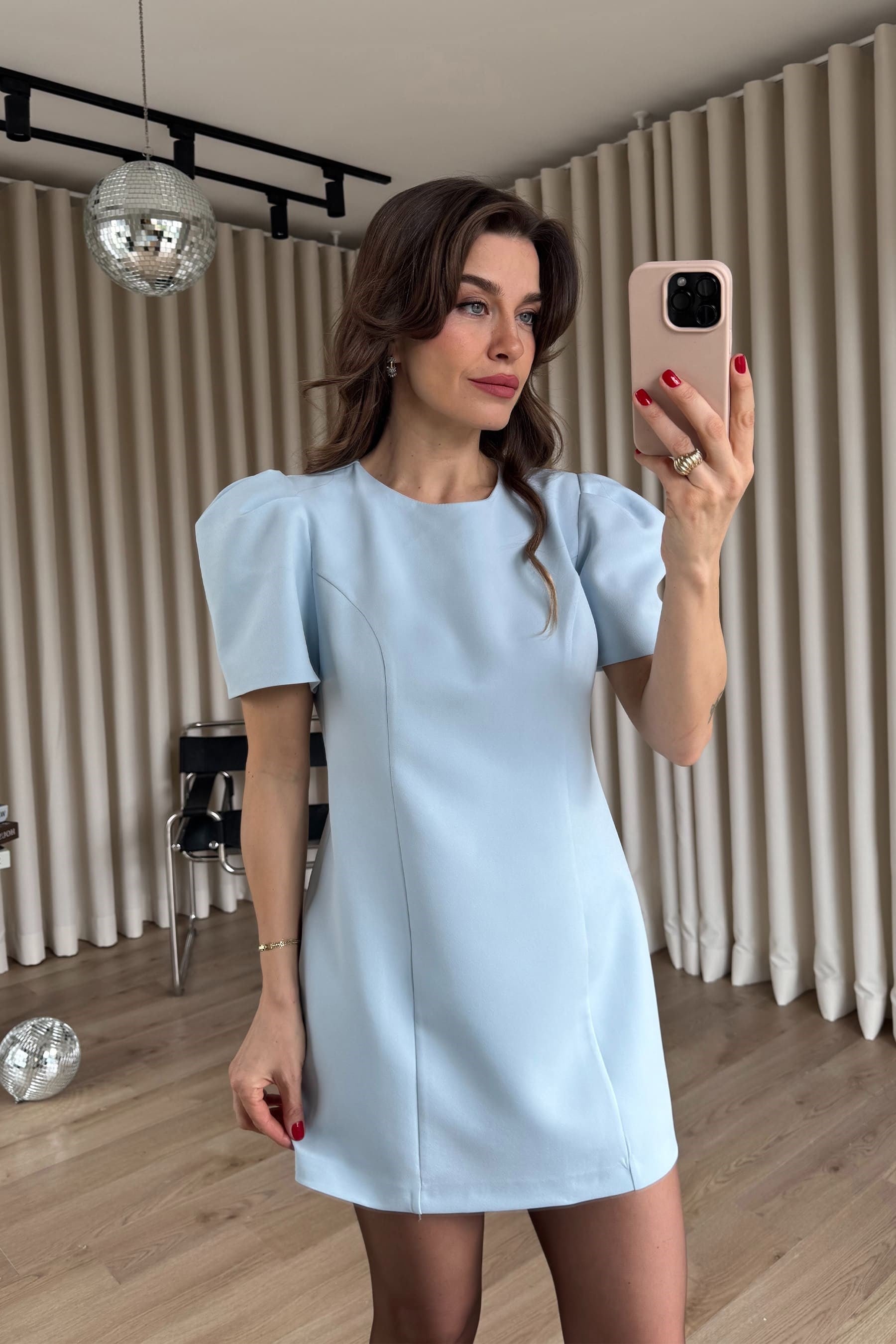 Bebe Mavisi Balon Kol Astarlı Mini Elbise