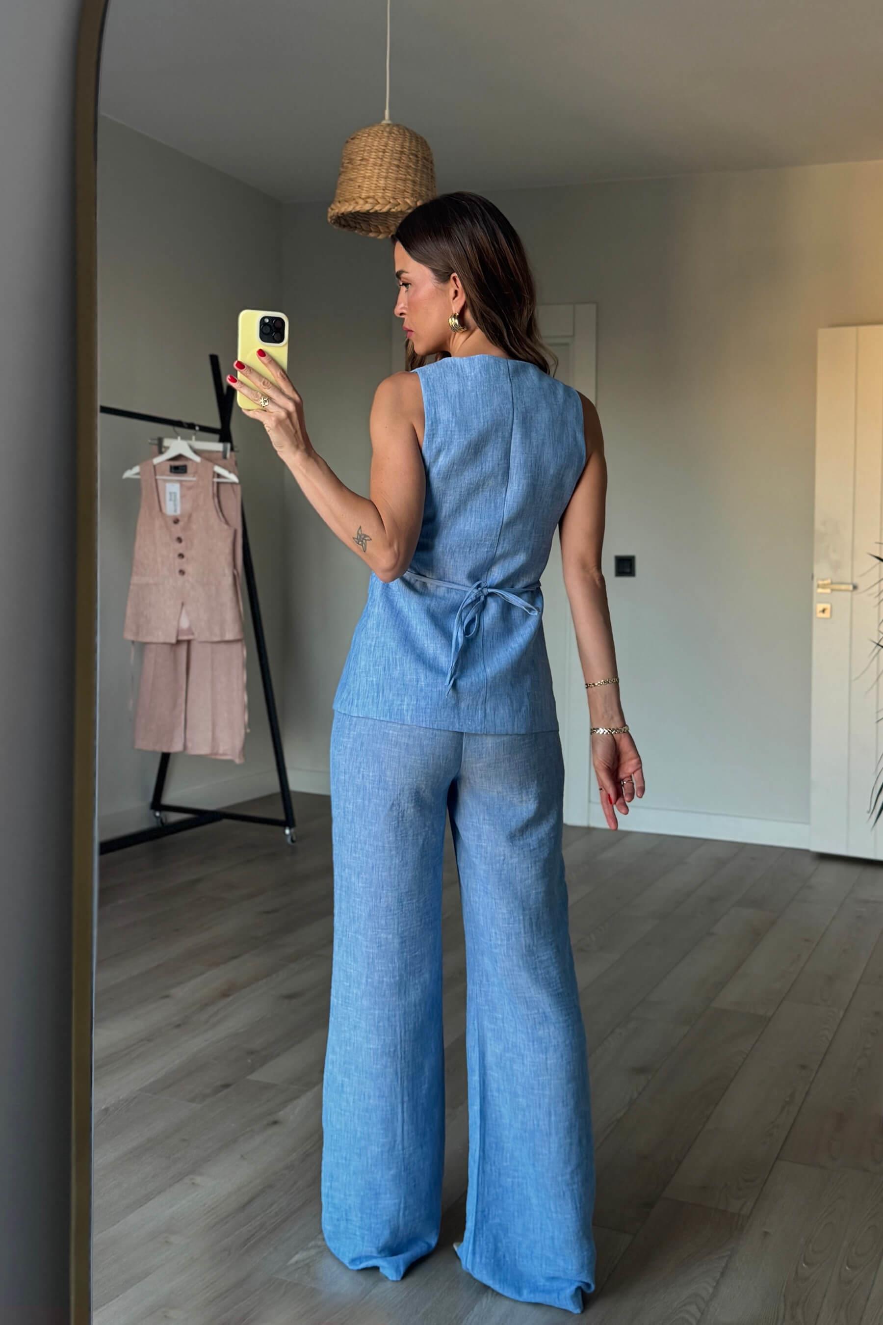 Bebe Mavisi Düğmeli Premium Keten Pantolon Takım