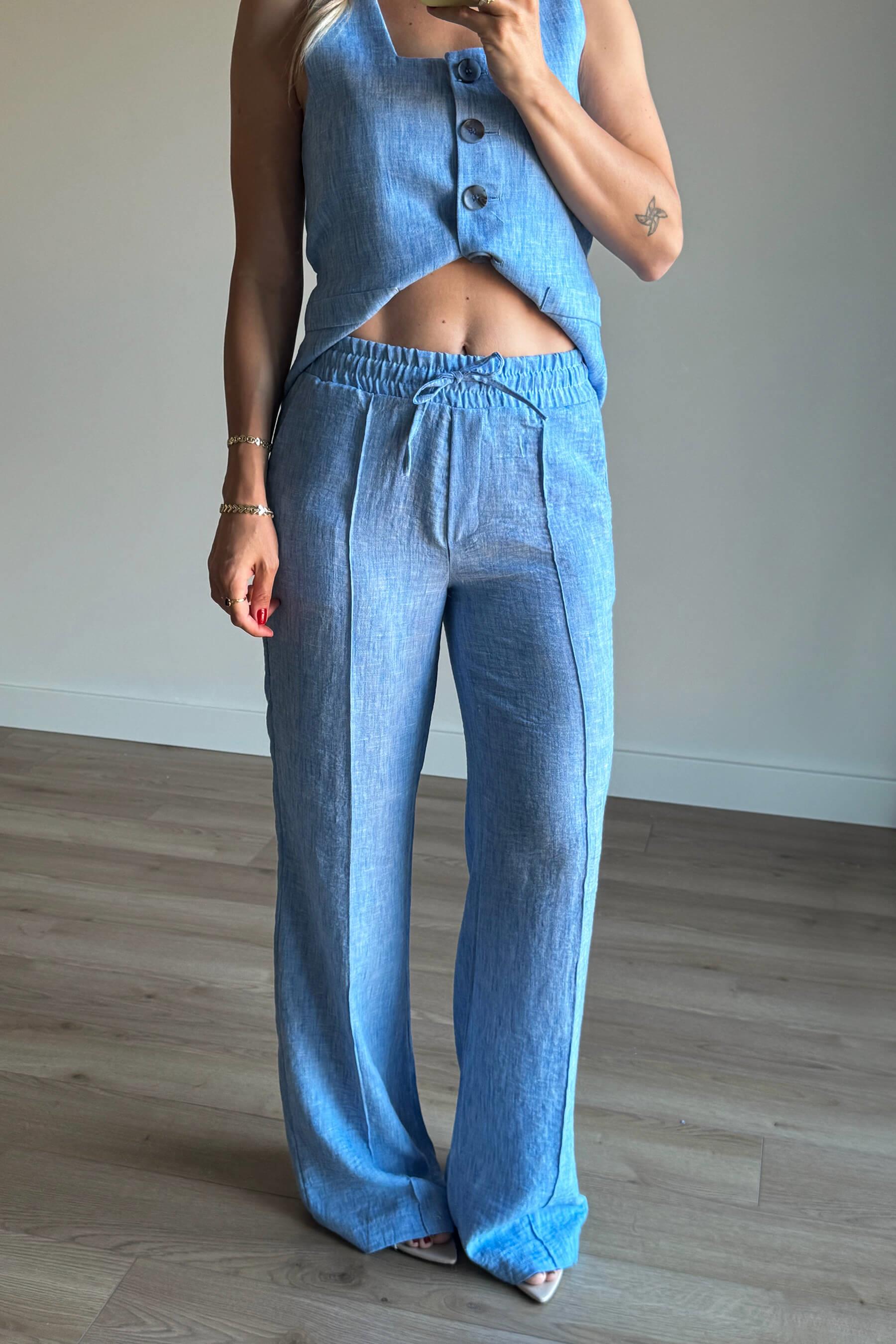 Bebe Mavisi Düğmeli Premium Keten Pantolon Takım