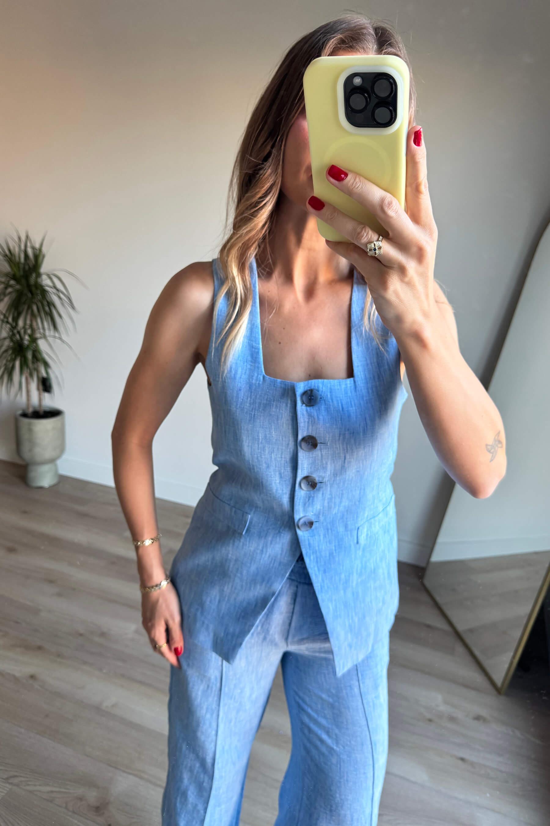 Bebe Mavisi Düğmeli Premium Keten Pantolon Takım