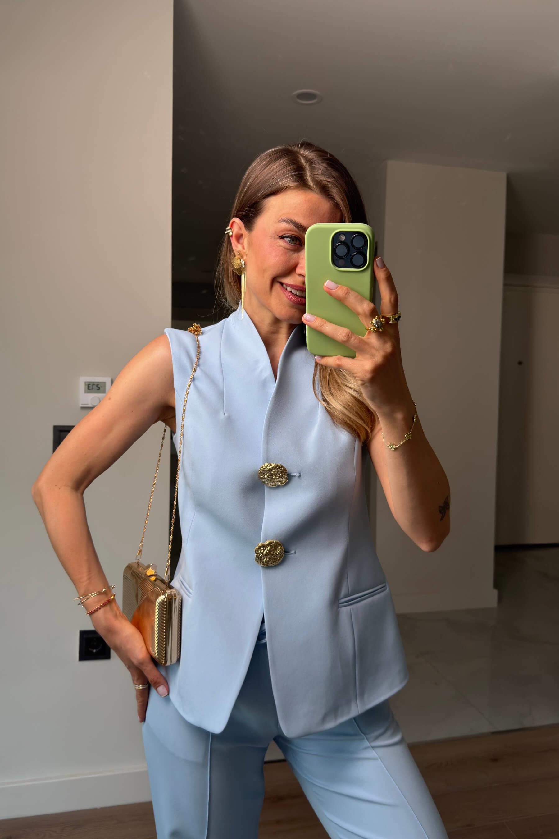 Bebe Mavisi Gold Düğmeli Yelek Pantolon Takım