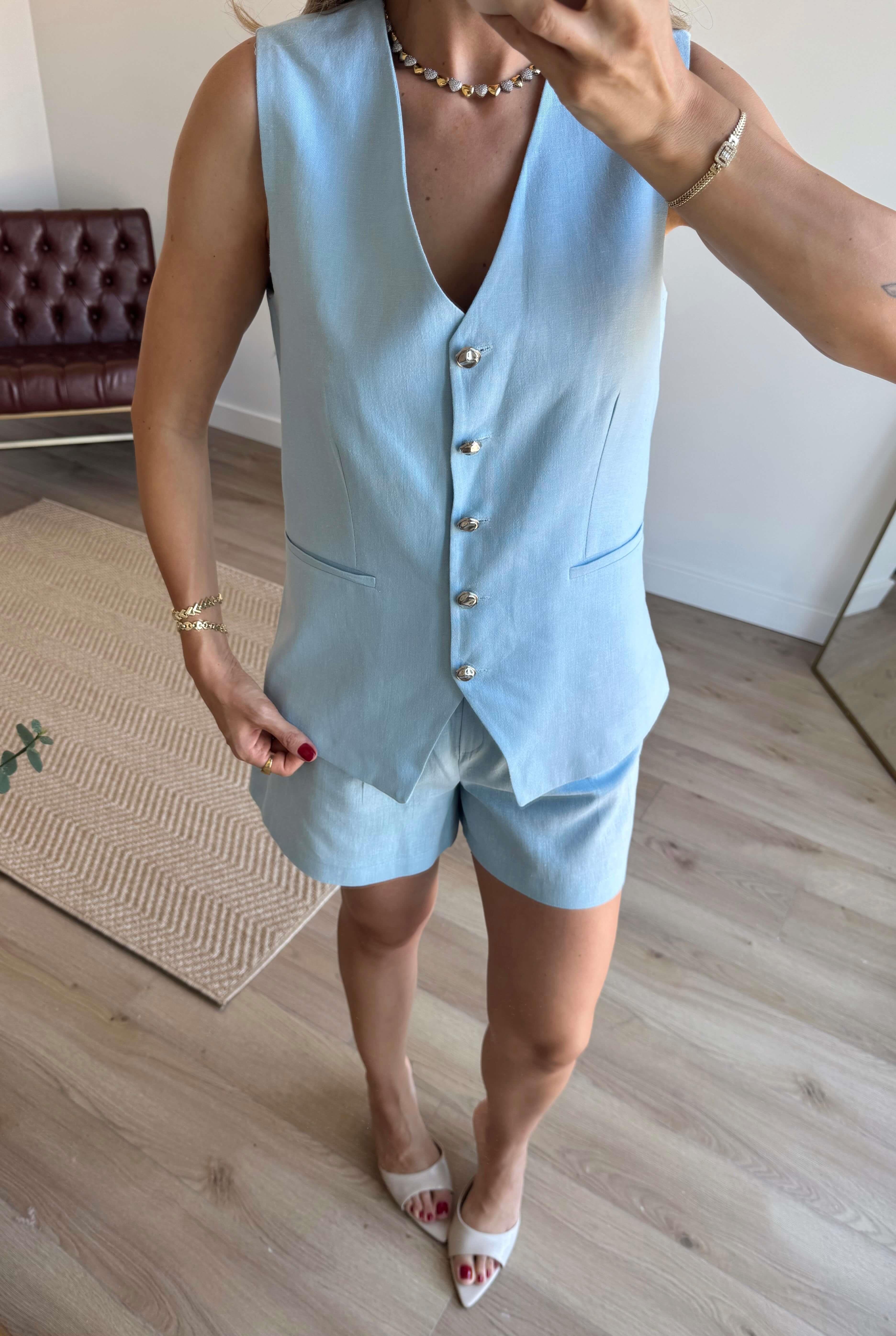 Bebe Mavisi Gümüş Düğmeli Şort Yelek Keten Takım