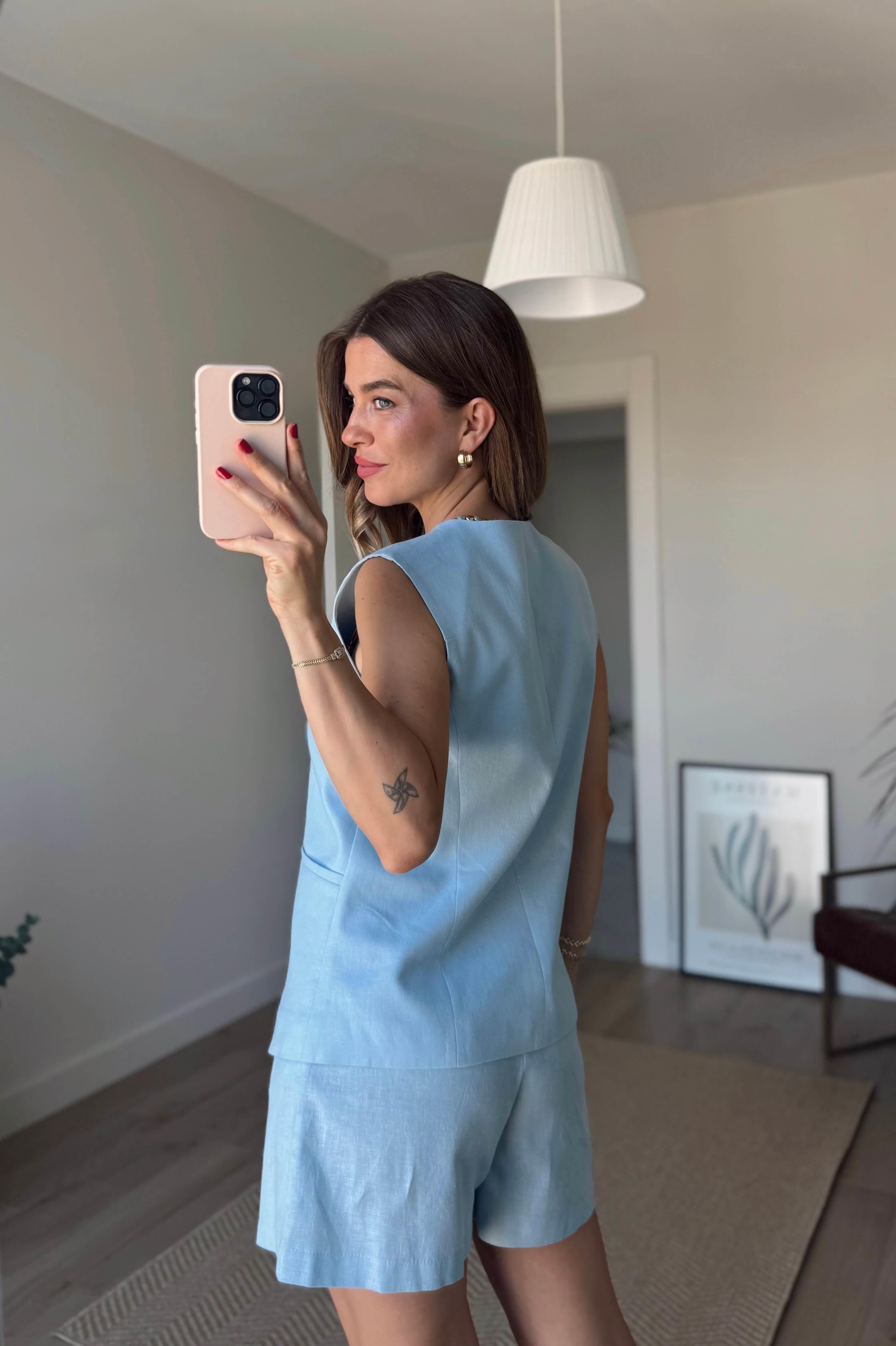 Bebe Mavisi Gümüş Düğmeli Şort Yelek Keten Takım