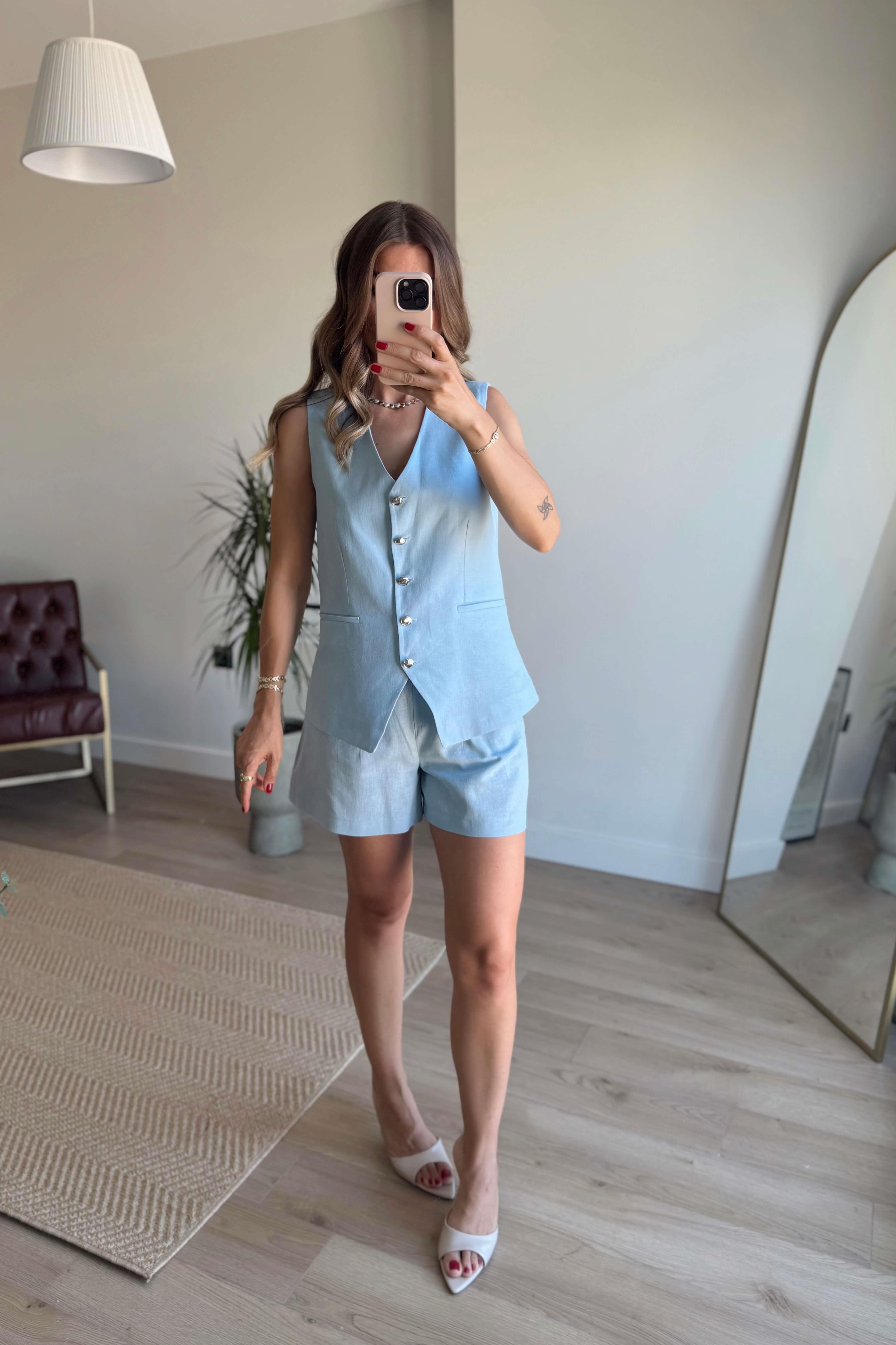 Bebe Mavisi Gümüş Düğmeli Şort Yelek Keten Takım