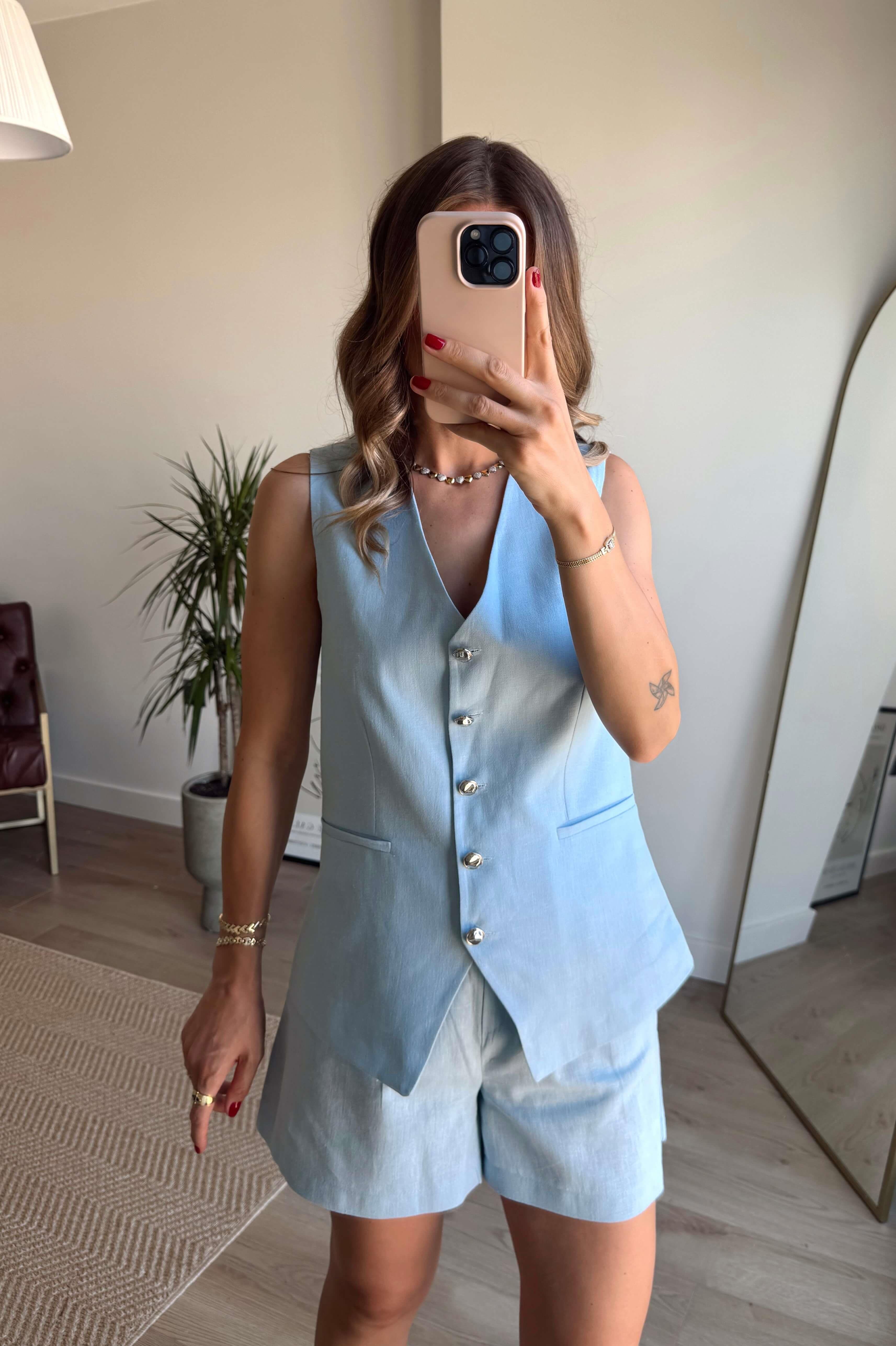 Bebe Mavisi Gümüş Düğmeli Şort Yelek Keten Takım