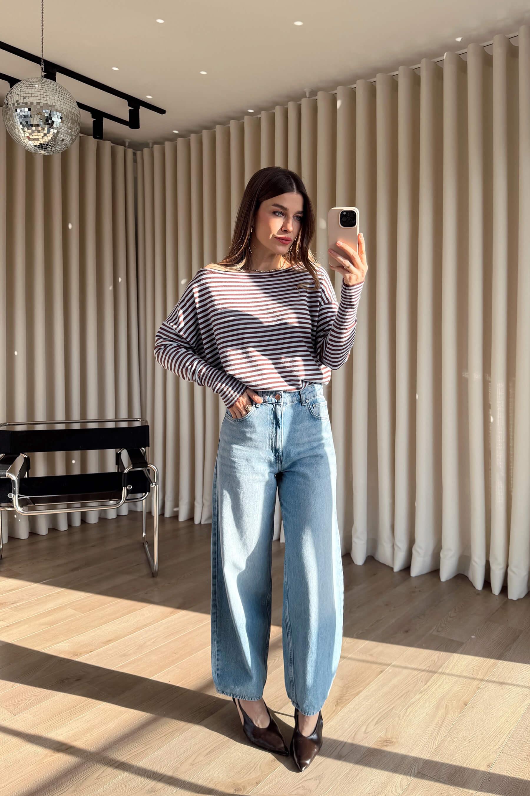 Bebe Mavisi Kahve Çizgili Kayık Yaka Oversize Triko Bluz