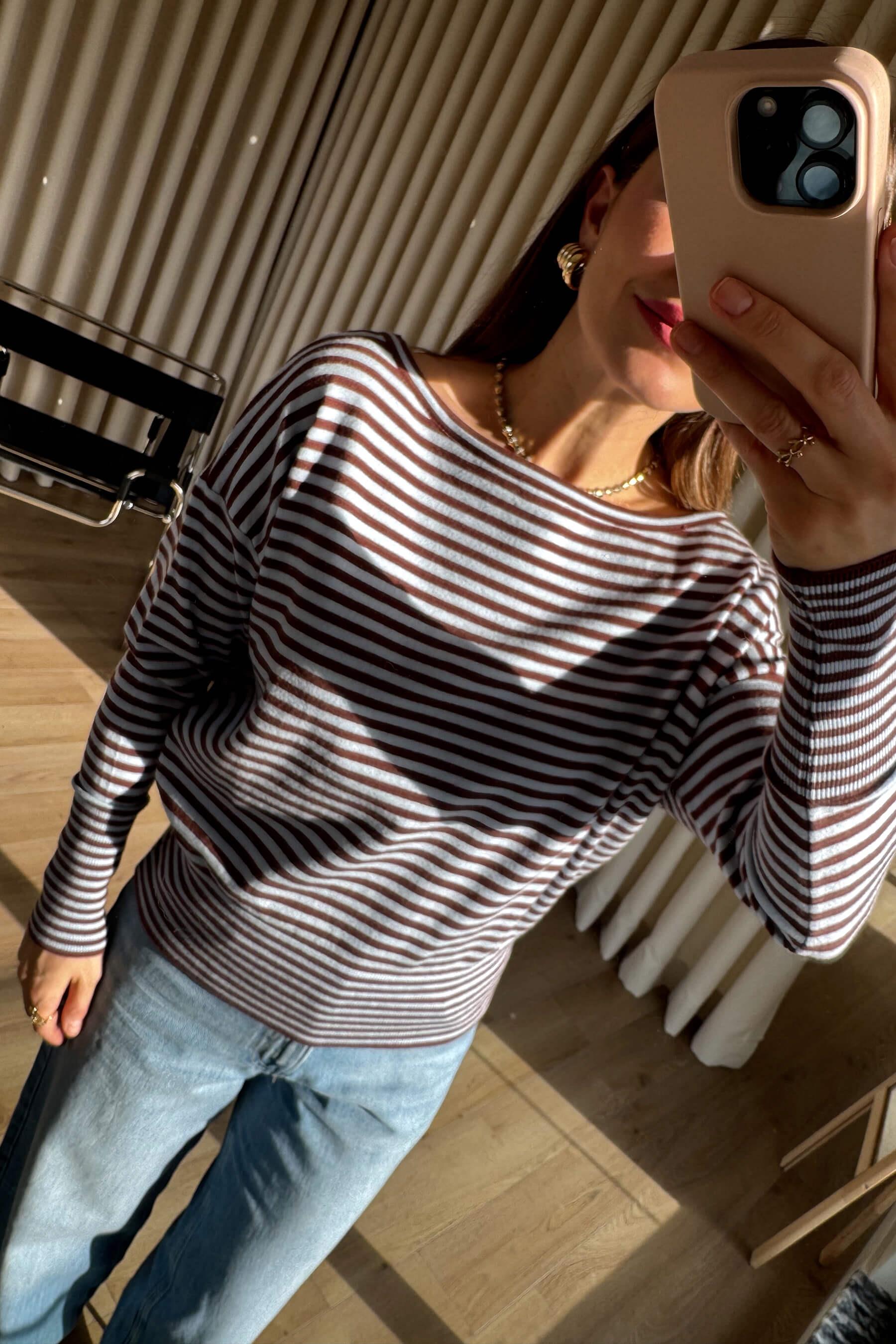 Bebe Mavisi Kahve Çizgili Kayık Yaka Oversize Triko Bluz