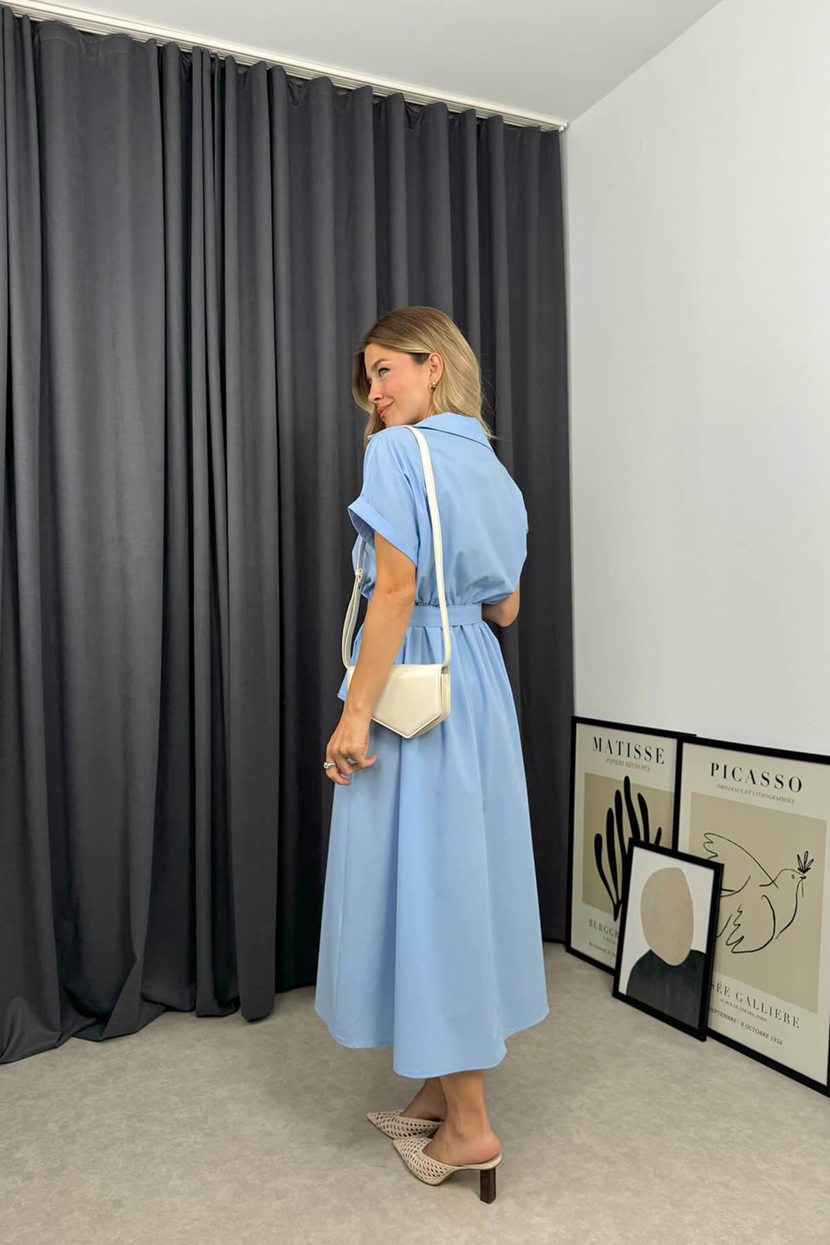 Bebe Mavisi Kemerli Gömlek Elbise