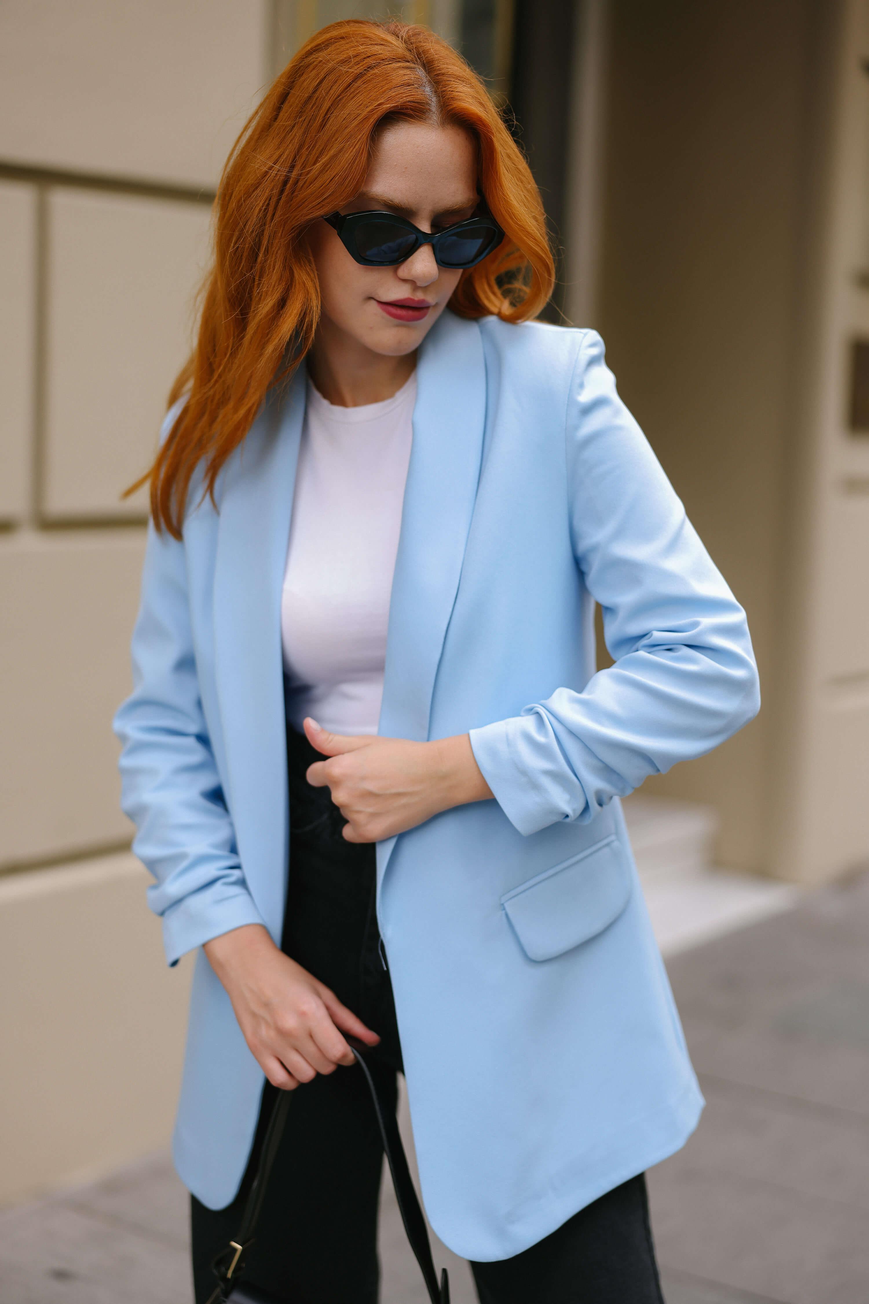 Bebe Mavisi Kolu Büzgülü Astarlı Vatkalı Blazer Ceket