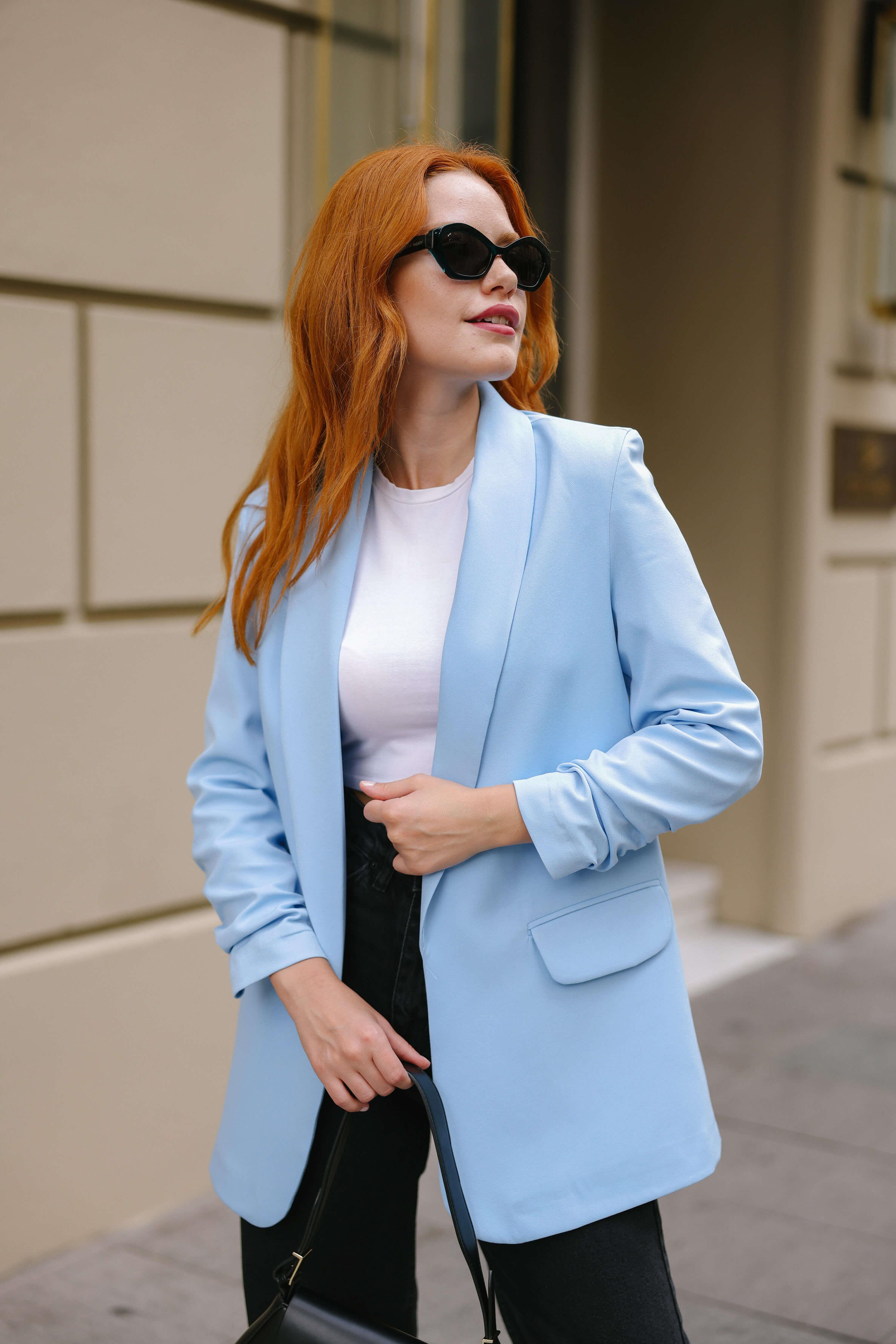 Bebe Mavisi Kolu Büzgülü Astarlı Vatkalı Blazer Ceket