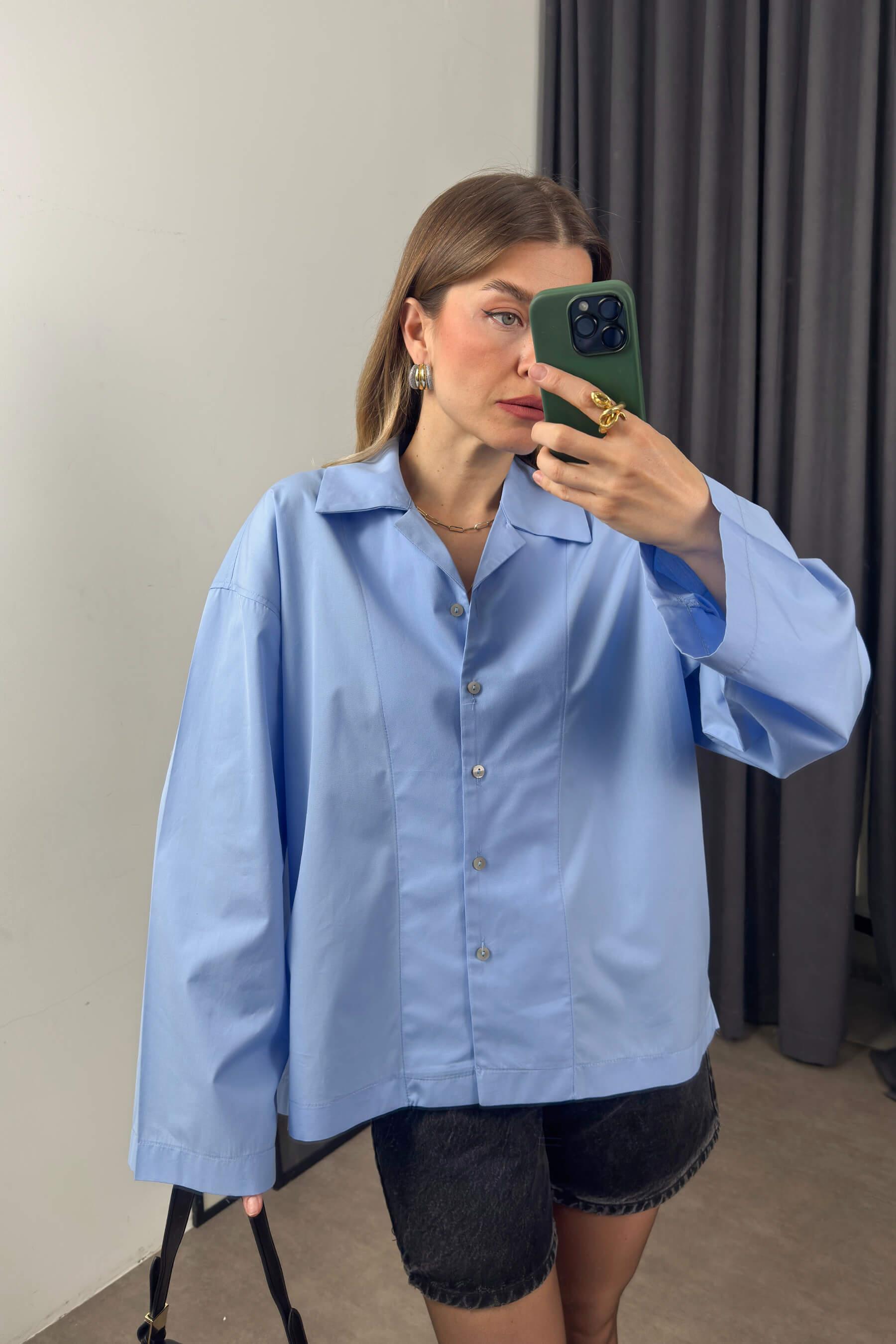 Bebe Mavisi Oversize Premium Gömlek