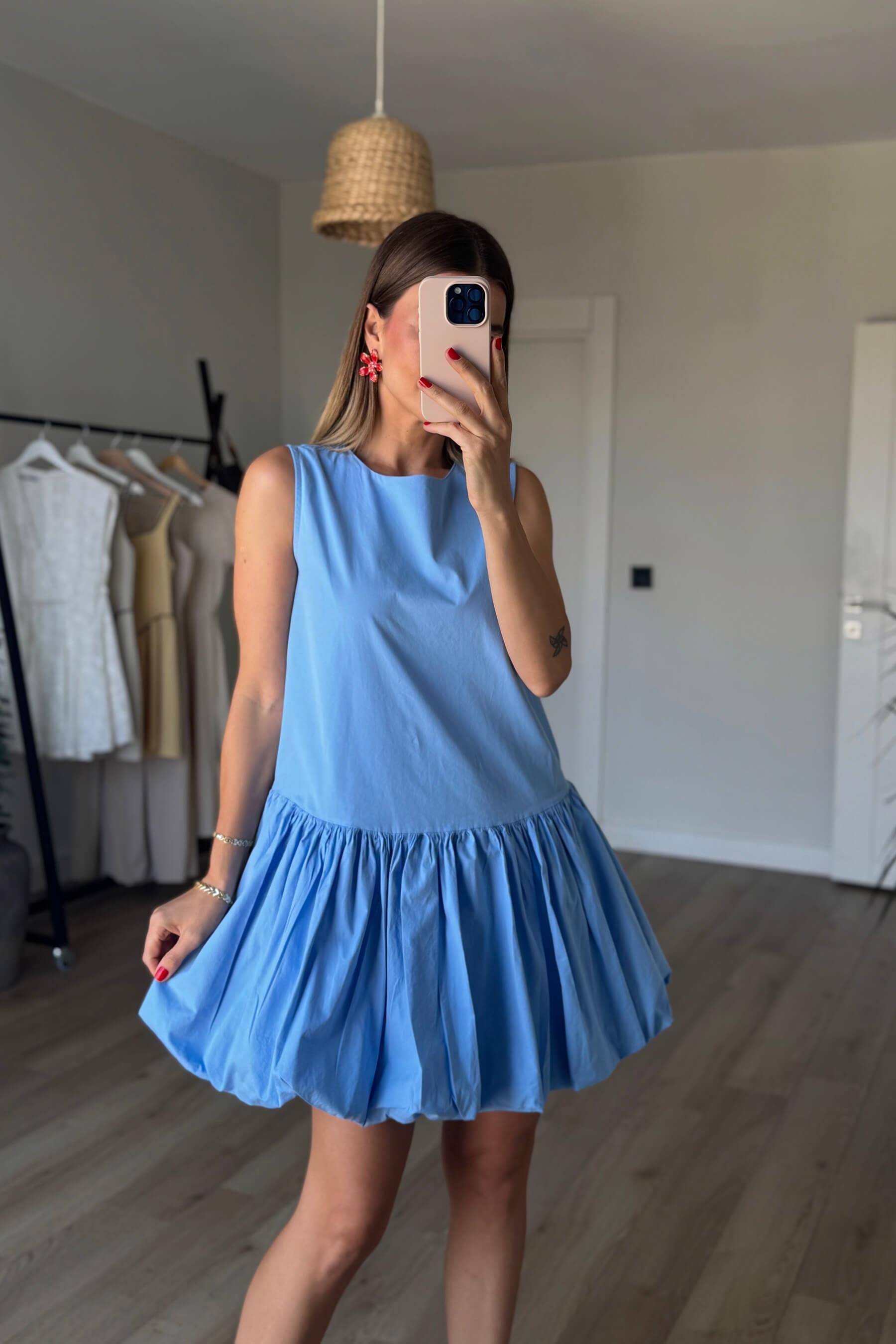 Bebe Mavisi Sıfır Kol Balon Etek Elbise