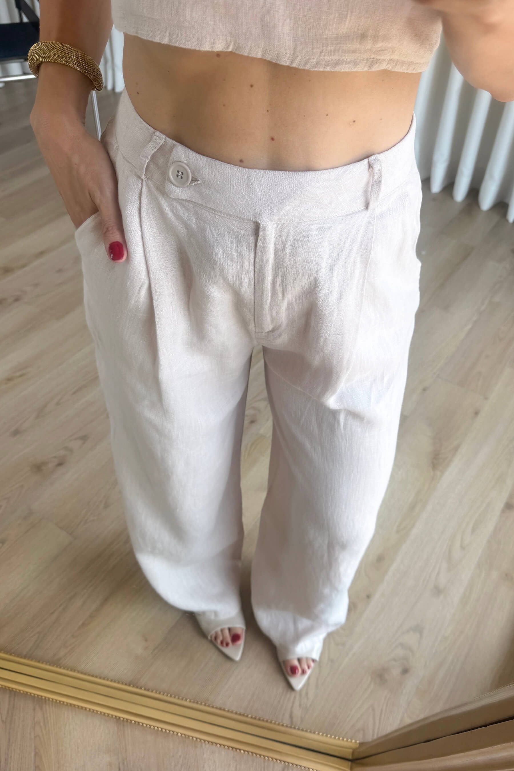 Bej Askılı Keten Büstiyer Pantolon Takım