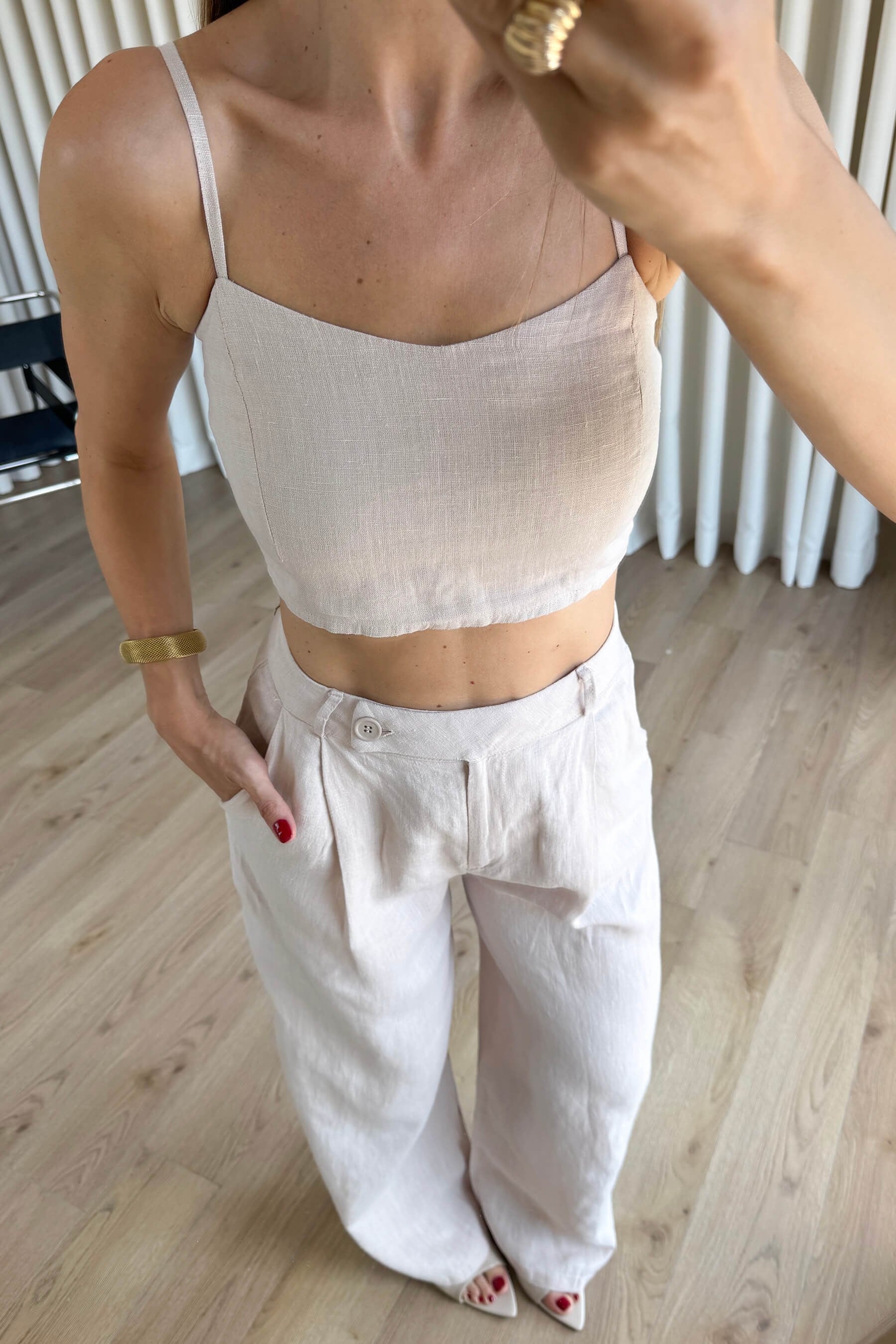 Bej Askılı Keten Büstiyer Pantolon Takım