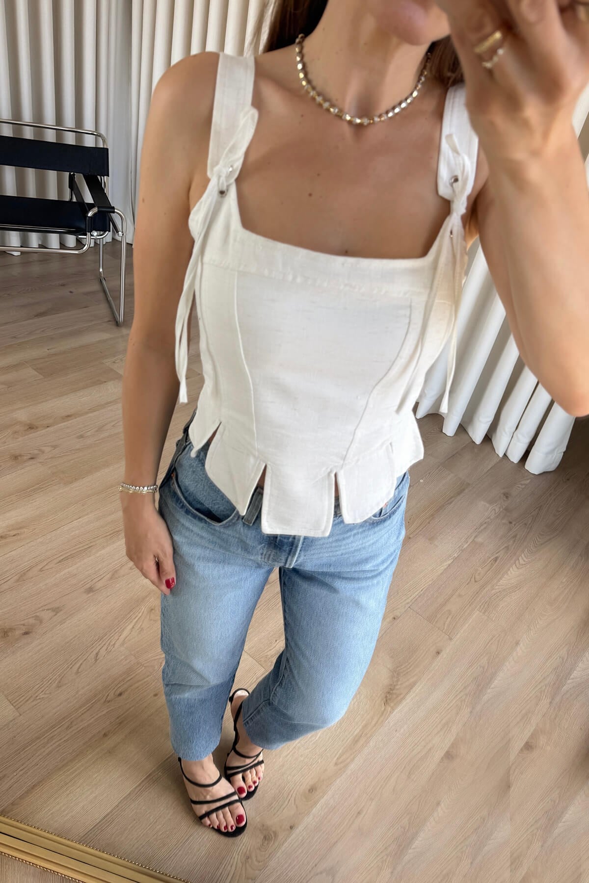 Bej Bağcıklı Askılı Korse Kesim Keten Bluz