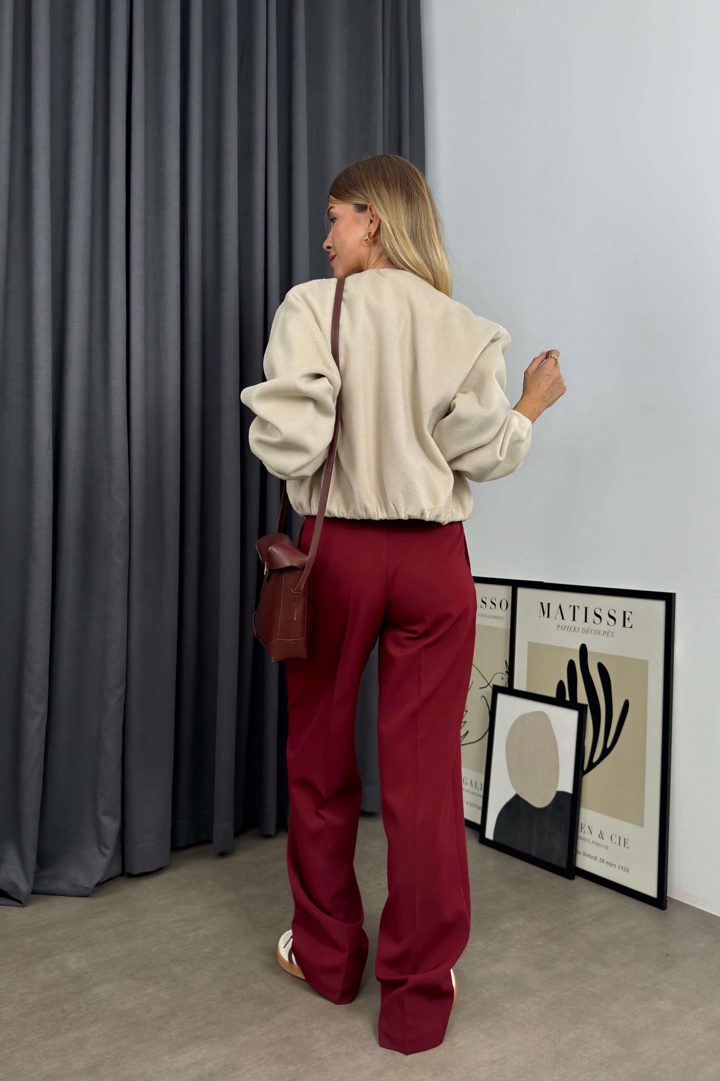 Bej Bisiklet Yaka Fermuarlı Astarlı Beli Lastikli Kaşe Ceket