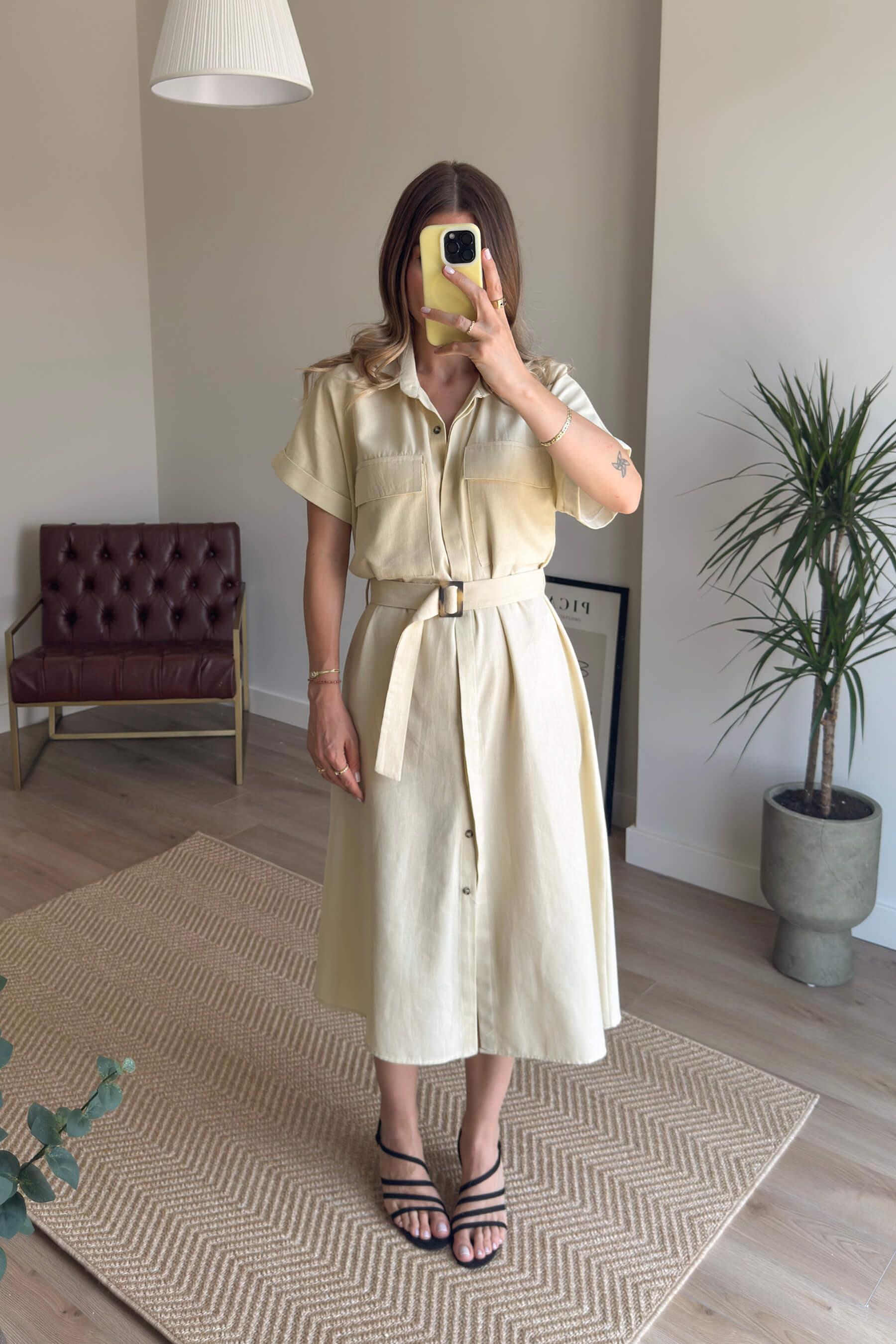 Bej Cep Detaylı Ahşap Kemerli Gabardin Keten Görünümlü Gömlek Elbise