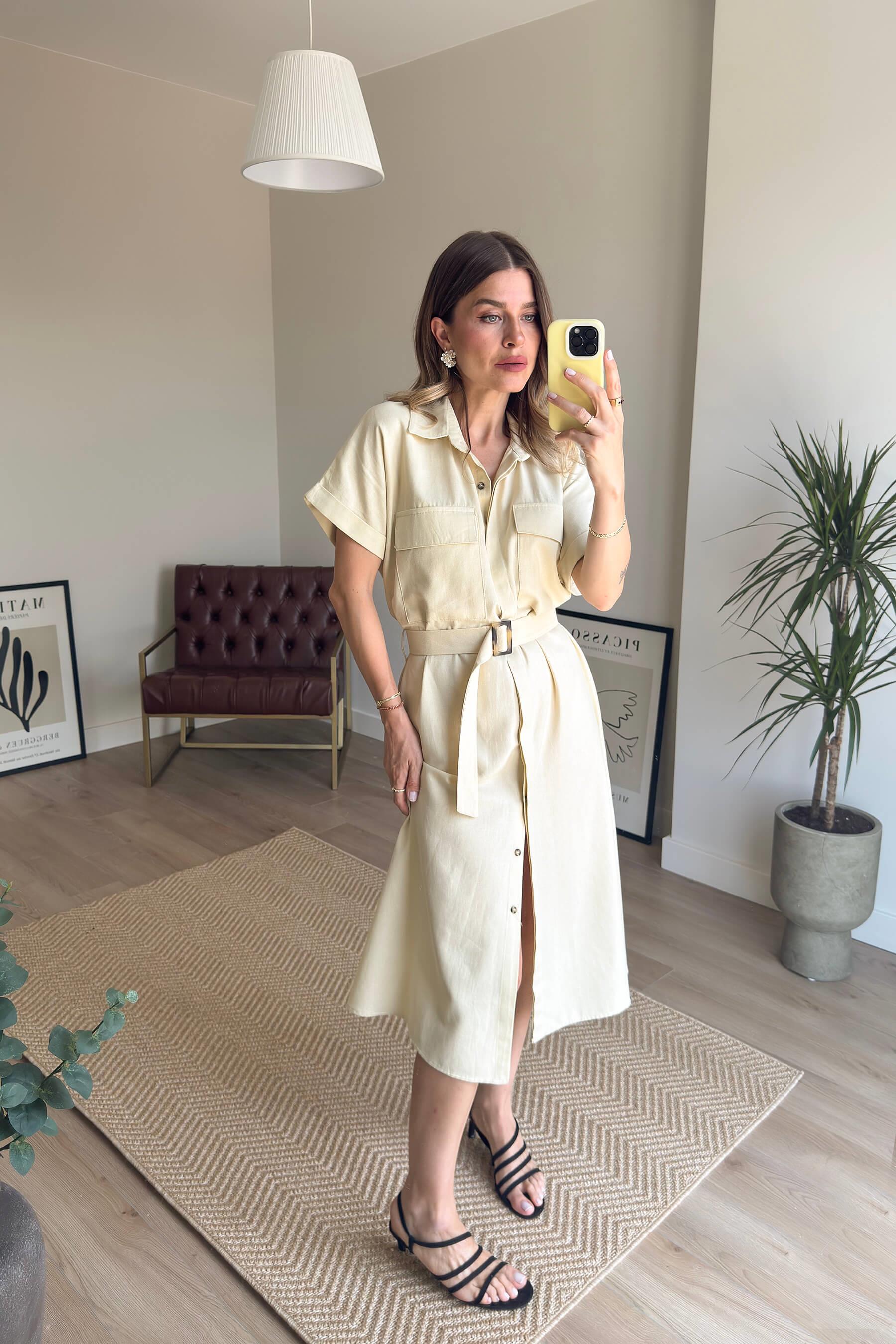 Bej Cep Detaylı Ahşap Kemerli Gabardin Keten Görünümlü Gömlek Elbise