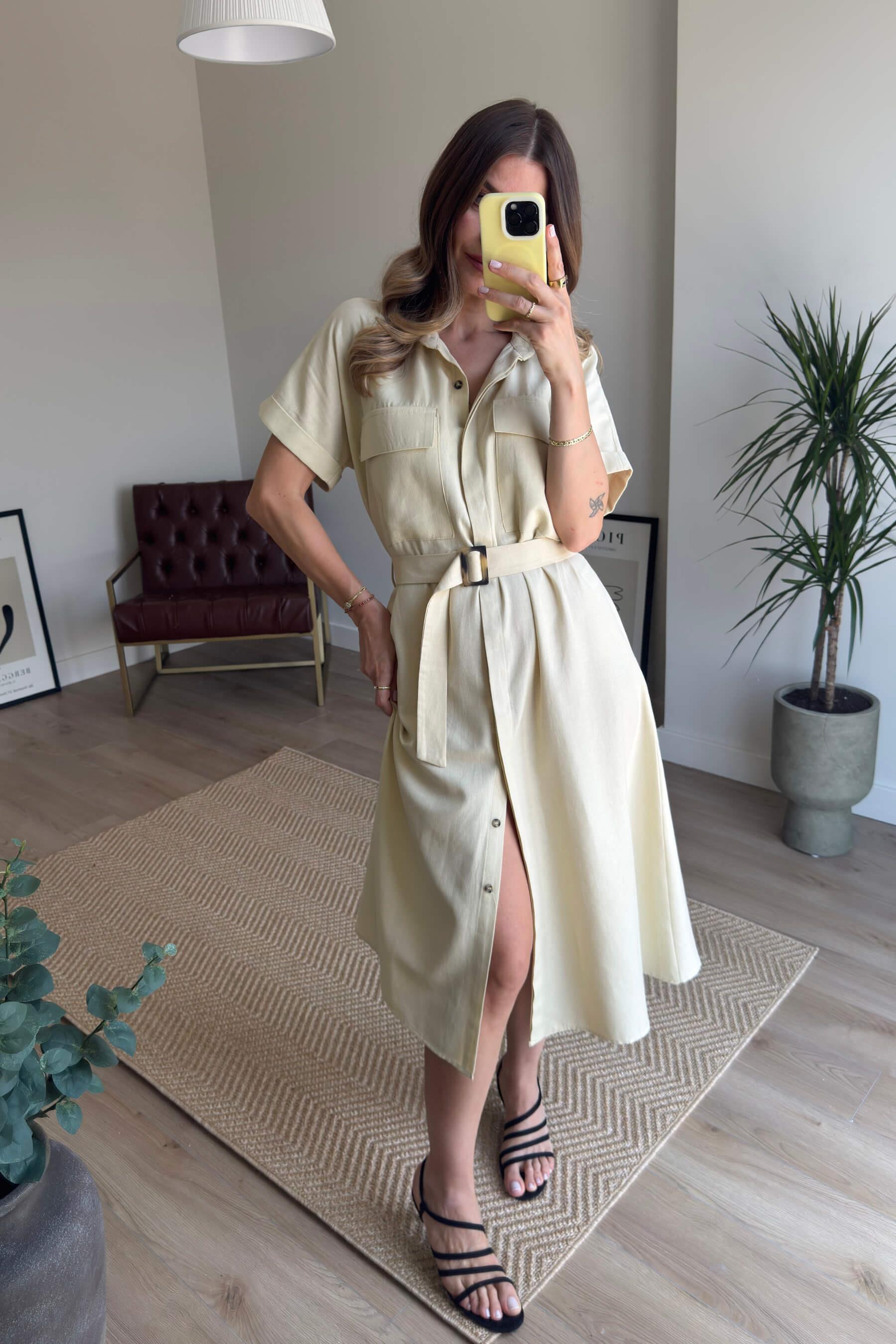 Bej Cep Detaylı Ahşap Kemerli Gabardin Keten Görünümlü Gömlek Elbise