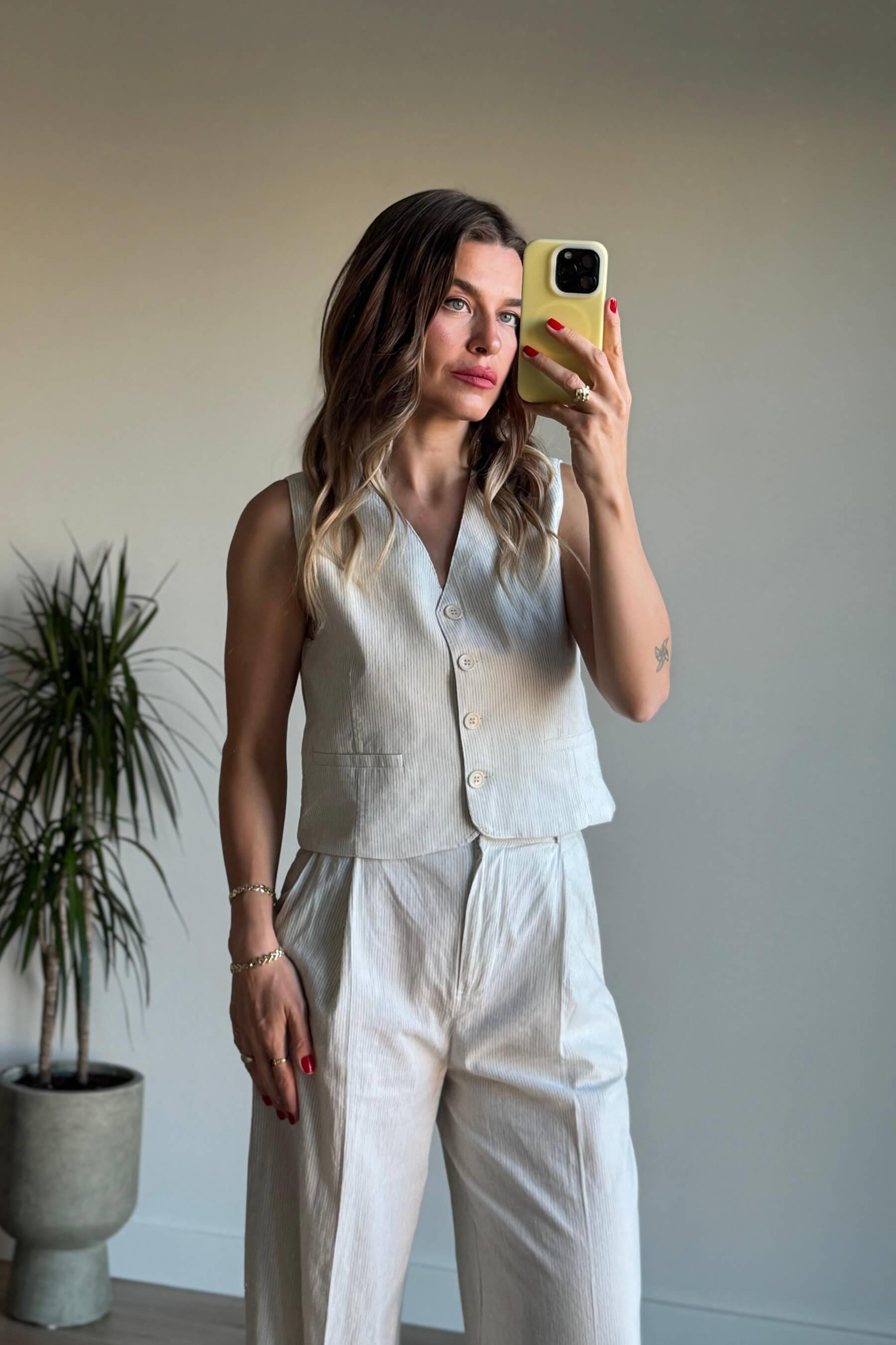 Bej Çizgili Yelek Pantolon Takım