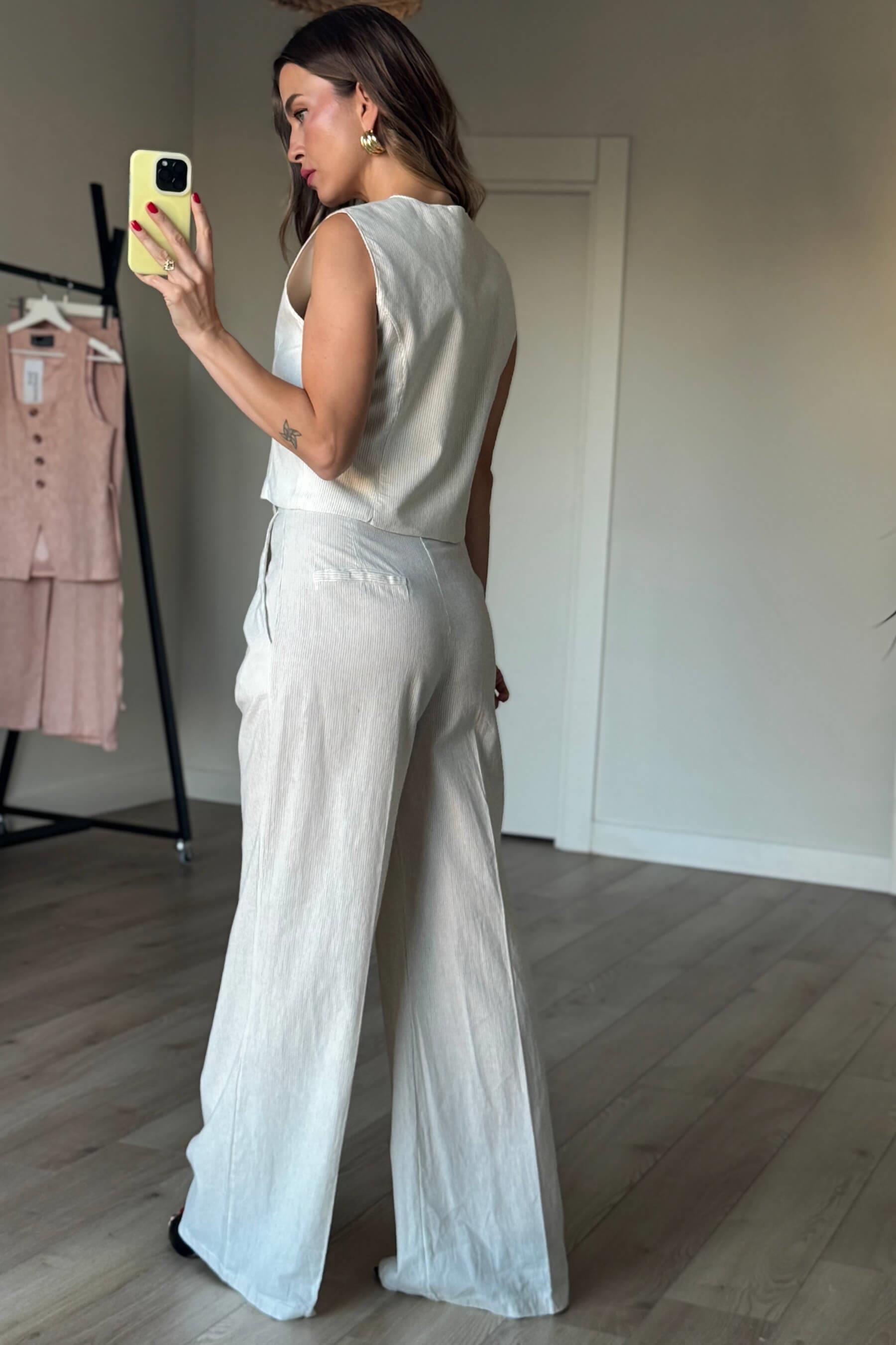 Bej Çizgili Yelek Pantolon Takım