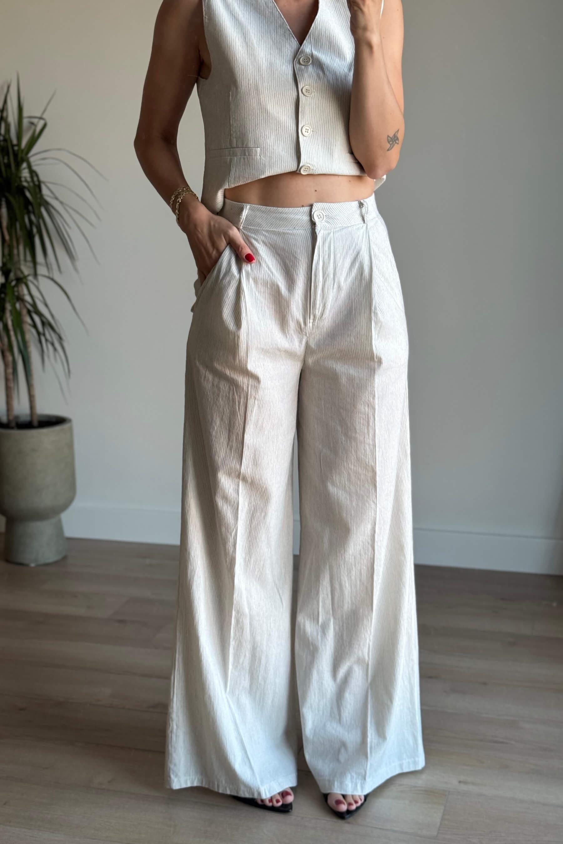 Bej Çizgili Yelek Pantolon Takım