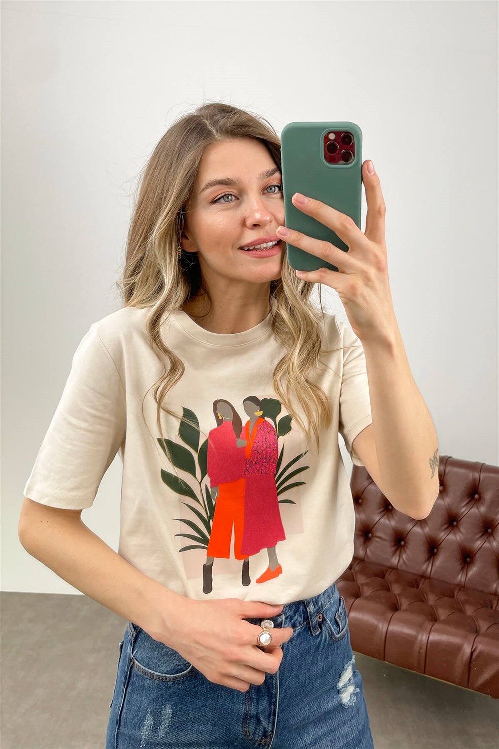 Bej Kadın Baskılı Pamuklu T-Shirt