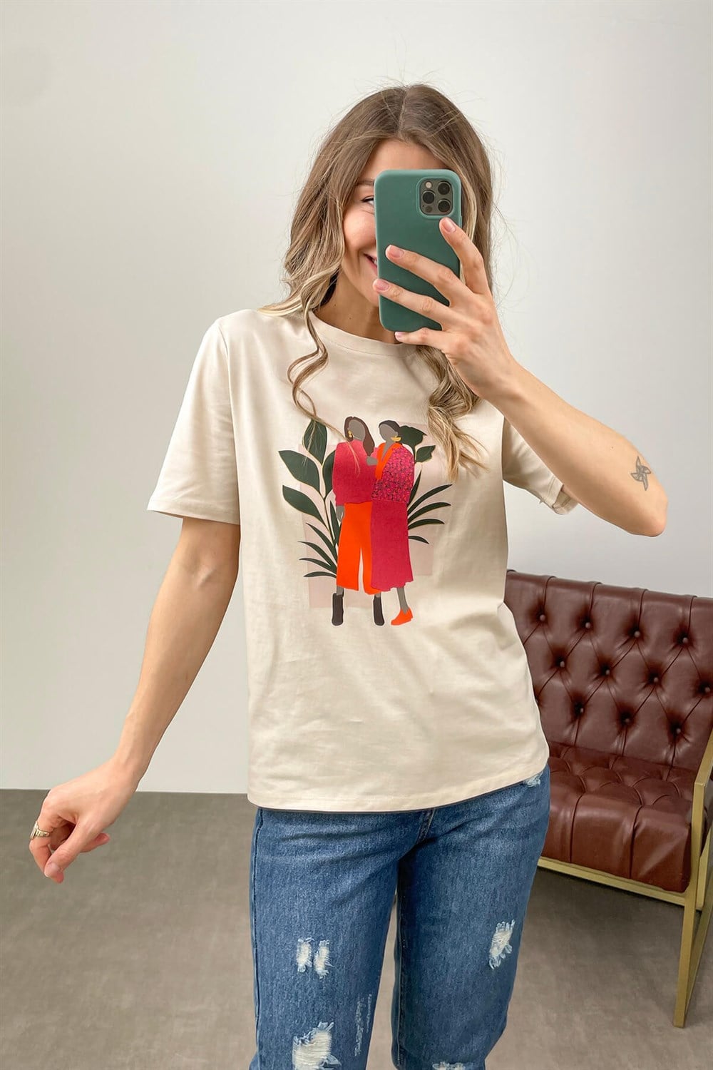 Bej Kadın Baskılı Pamuklu T-Shirt