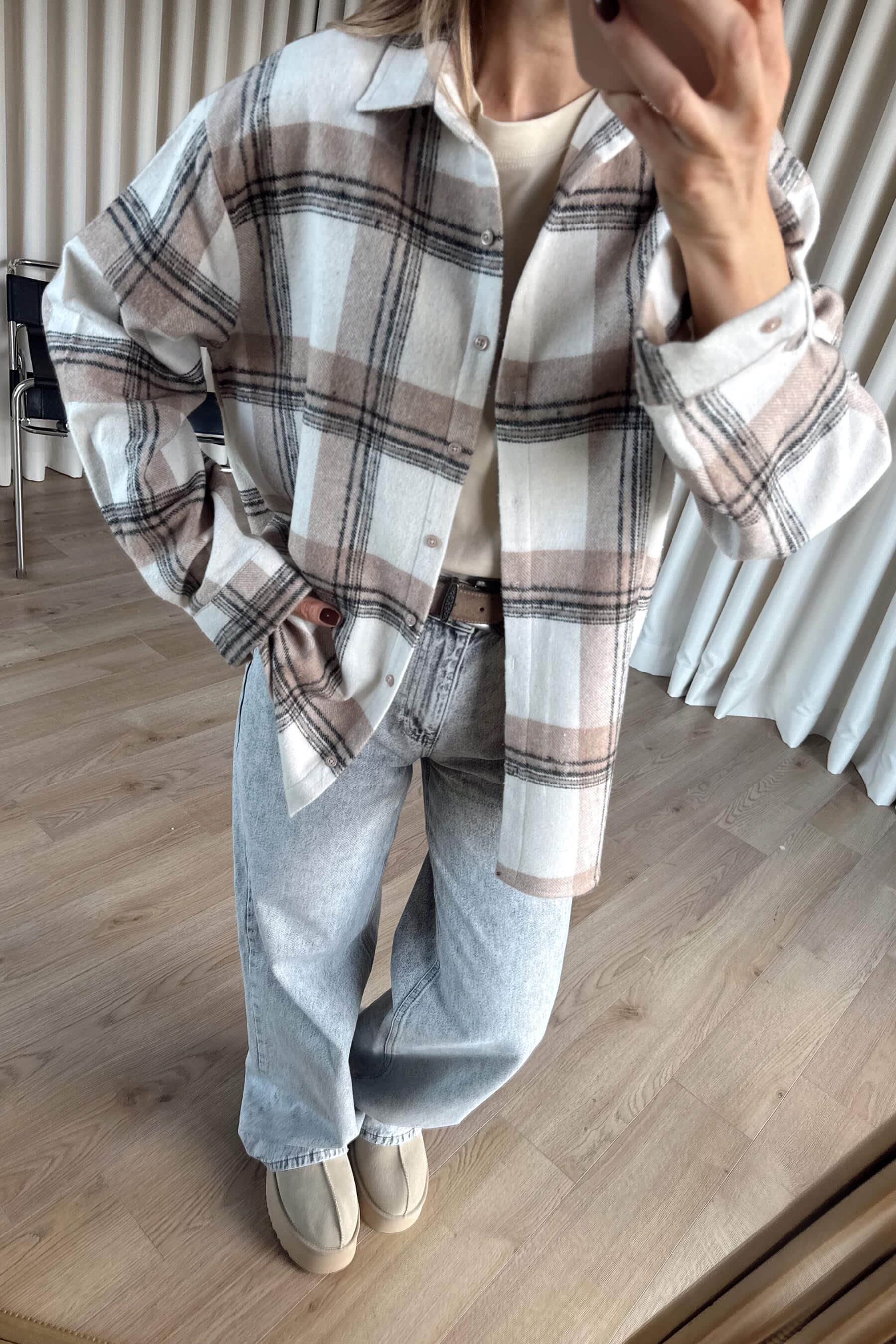 Bej Kahve Çizgili Ekoseli Oversize Oduncu Gömlek