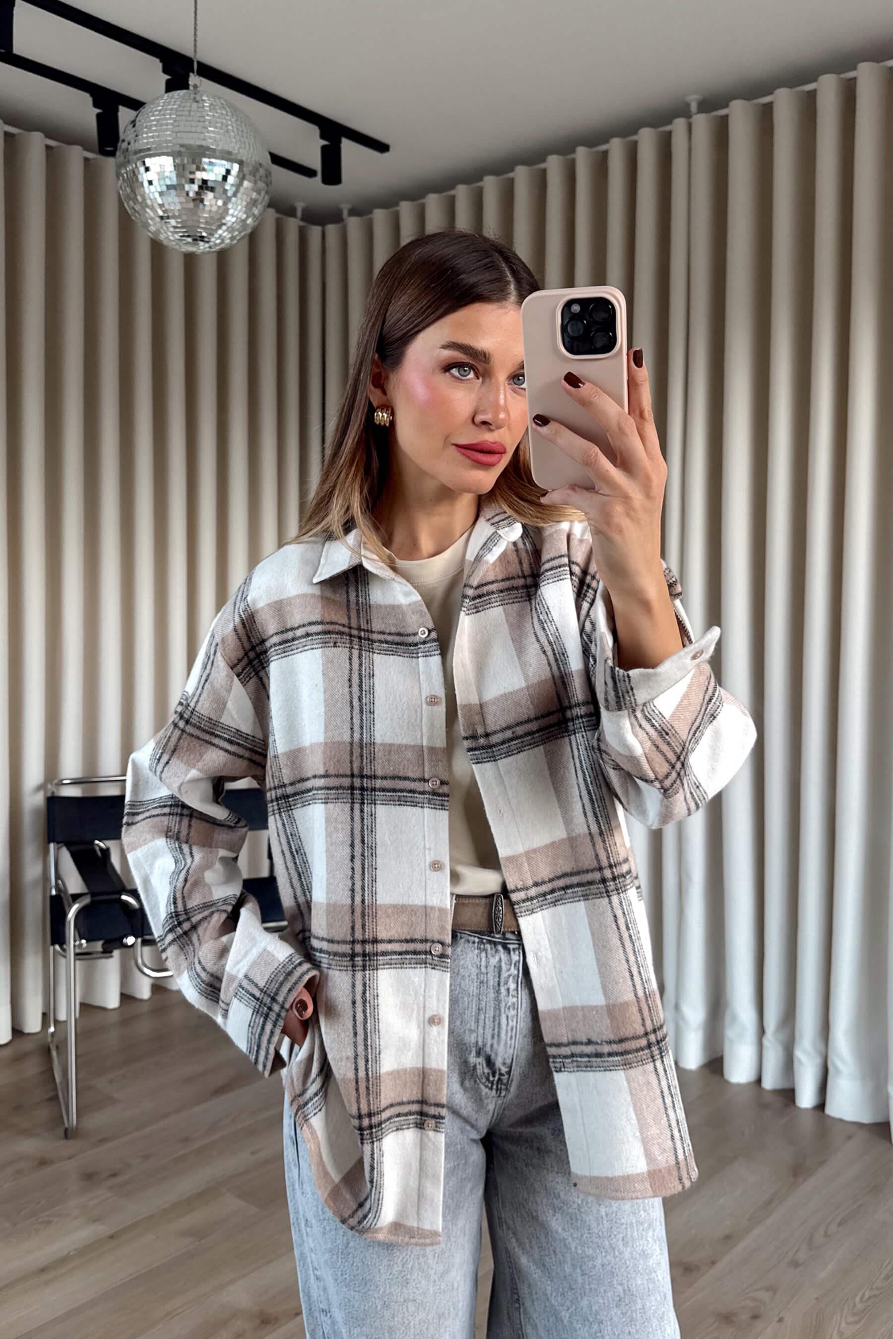 Bej Kahve Çizgili Ekoseli Oversize Oduncu Gömlek