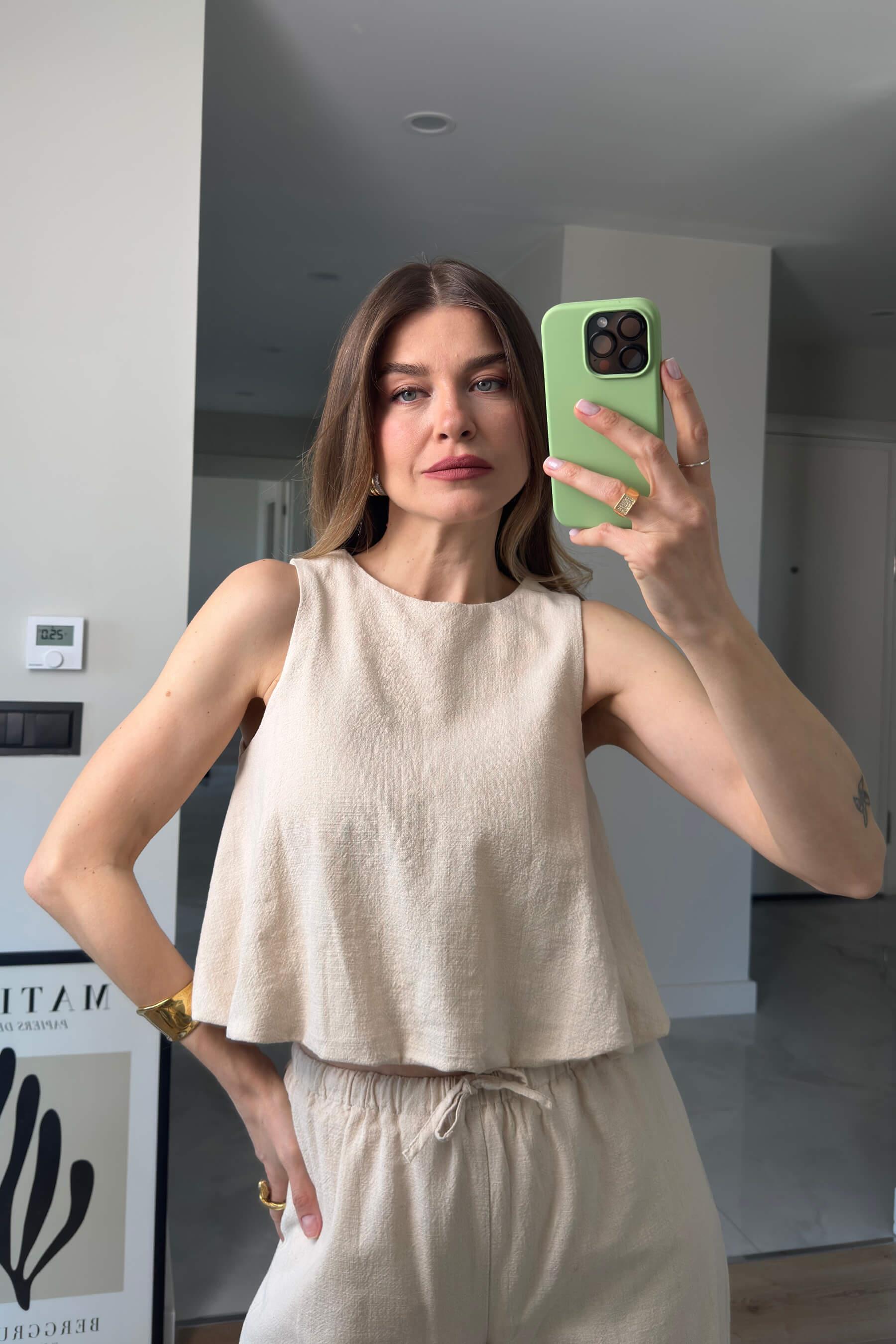 Bej Sıfır Kollu Bol Paça Ham Keten Pantolon Bluz Takım