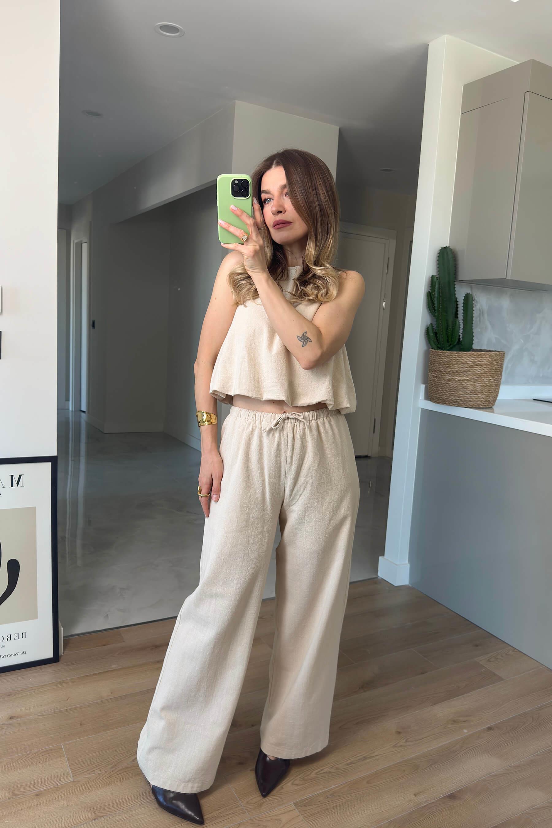 Bej Sıfır Kollu Bol Paça Ham Keten Pantolon Bluz Takım