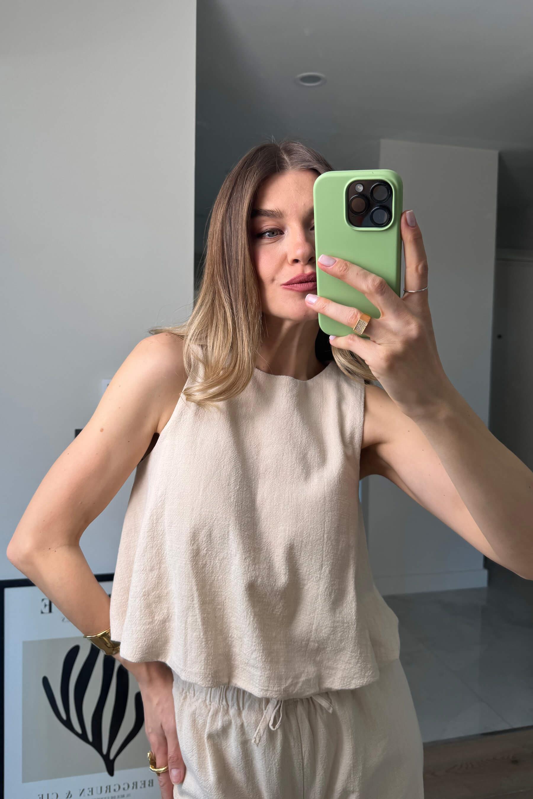 Bej Sıfır Kollu Bol Paça Ham Keten Pantolon Bluz Takım