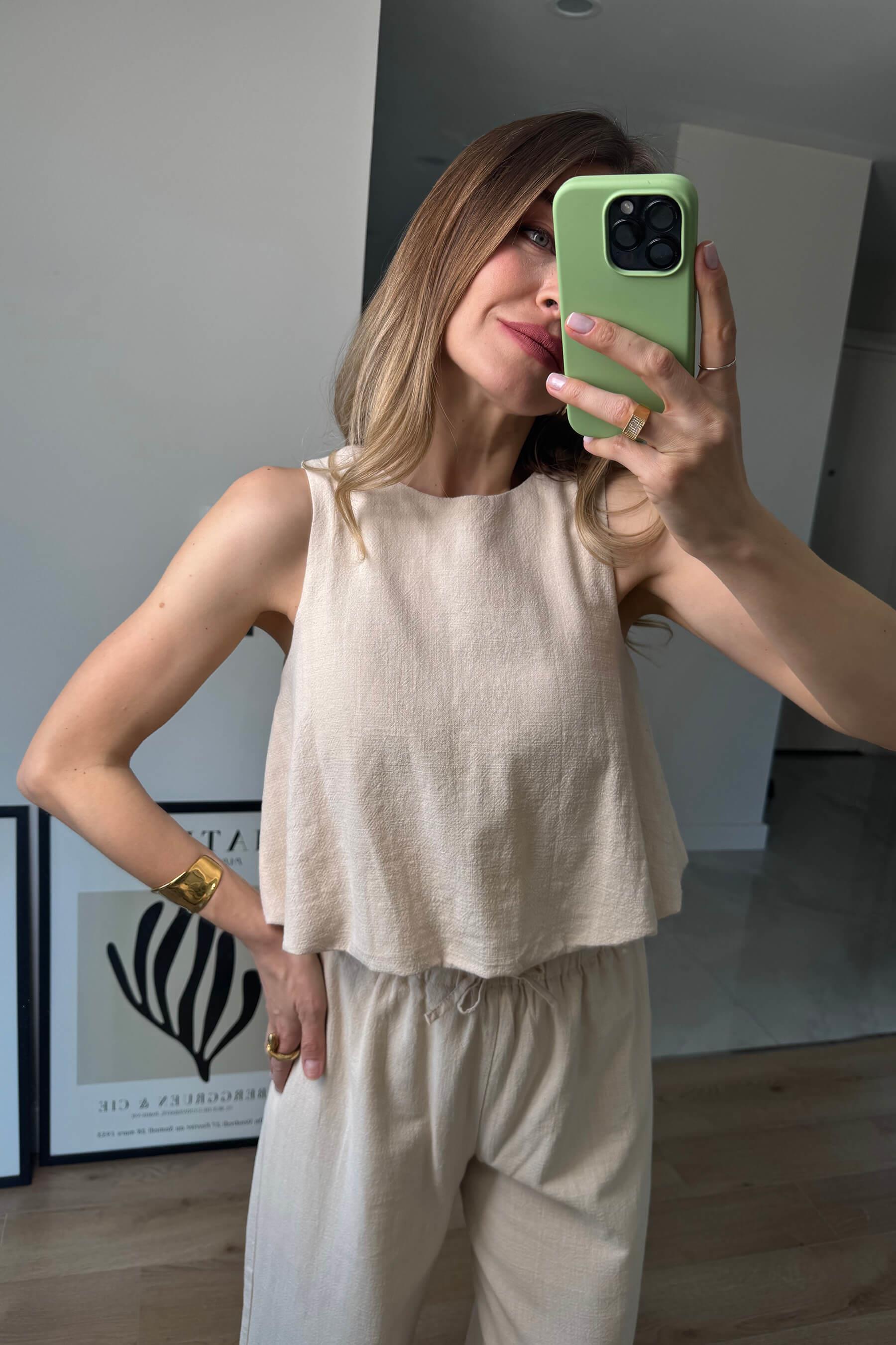 Bej Sıfır Kollu Bol Paça Ham Keten Pantolon Bluz Takım