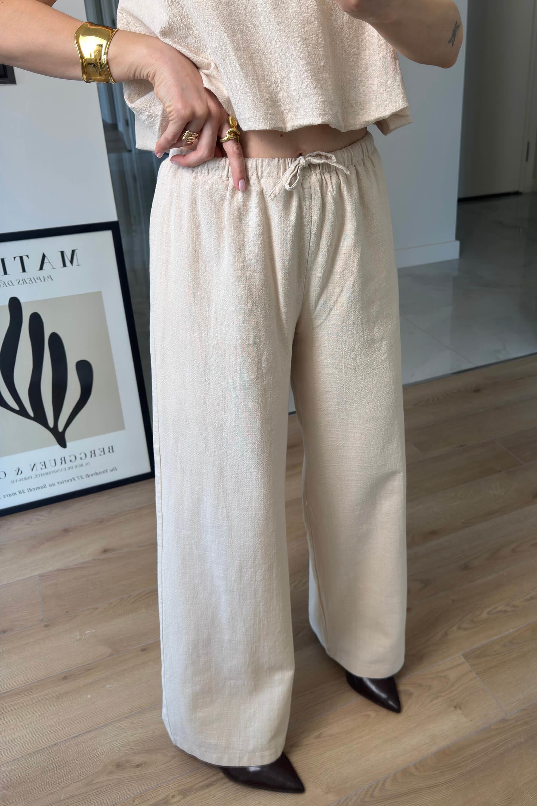 Bej Sıfır Kollu Bol Paça Ham Keten Pantolon Bluz Takım