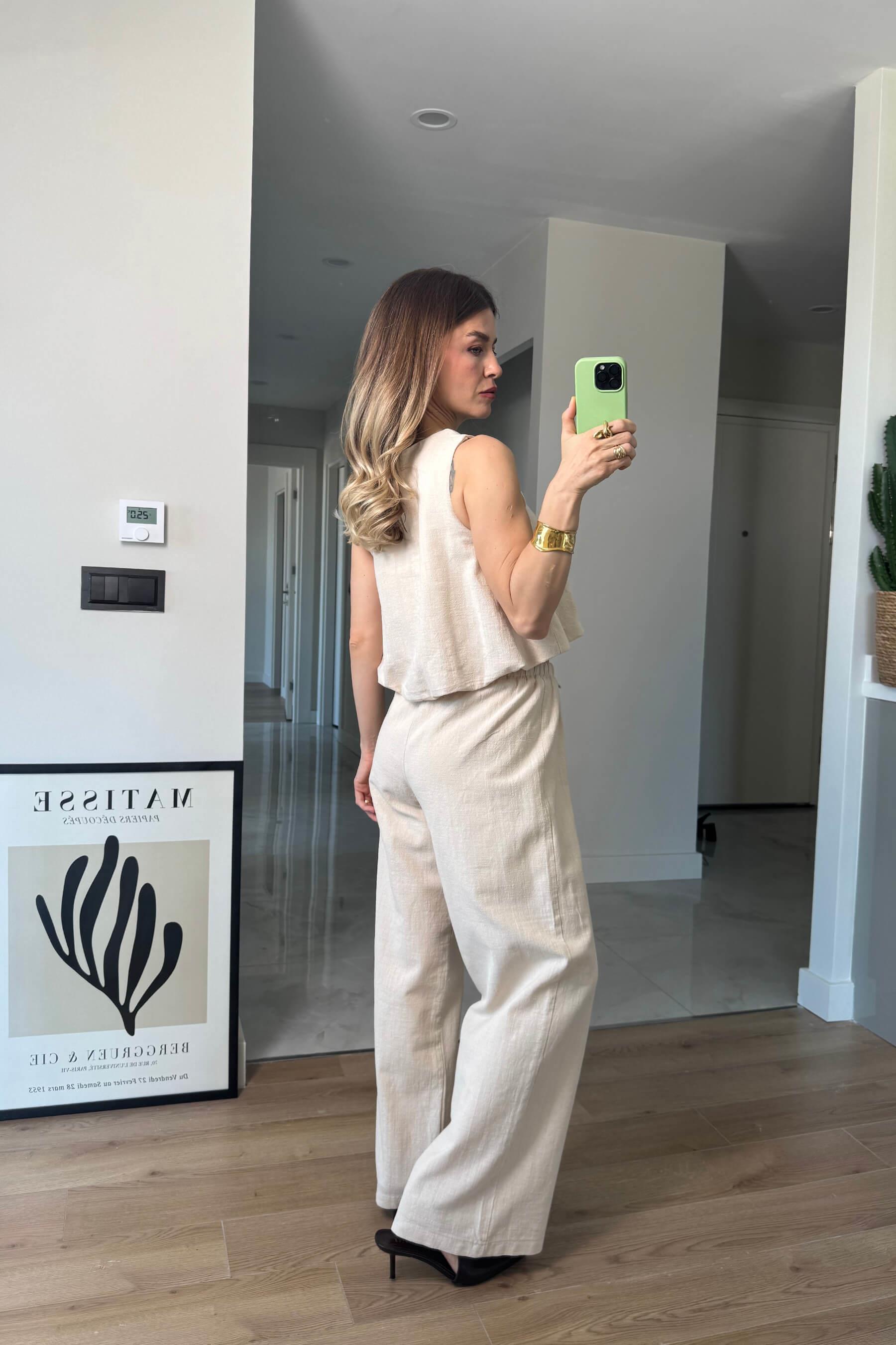 Bej Sıfır Kollu Bol Paça Ham Keten Pantolon Bluz Takım