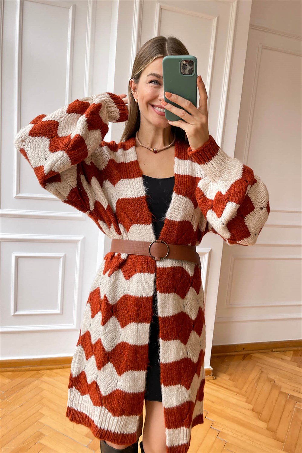 Bej Taba Örme Uzun Hırka