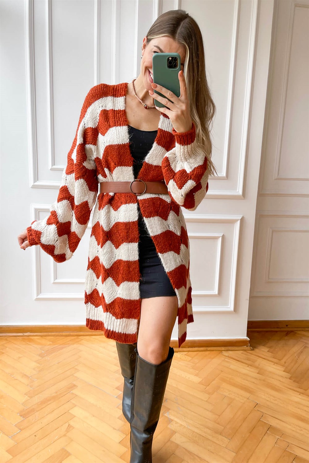 Bej Taba Örme Uzun Hırka