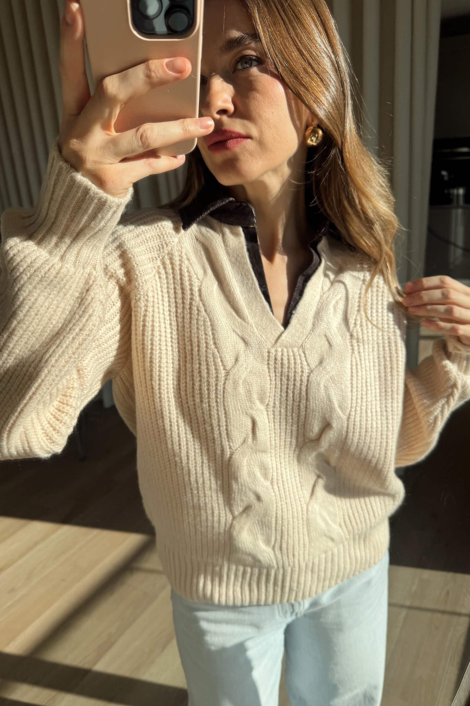 Bej Yakası Jean Model Oversize Triko Kazak