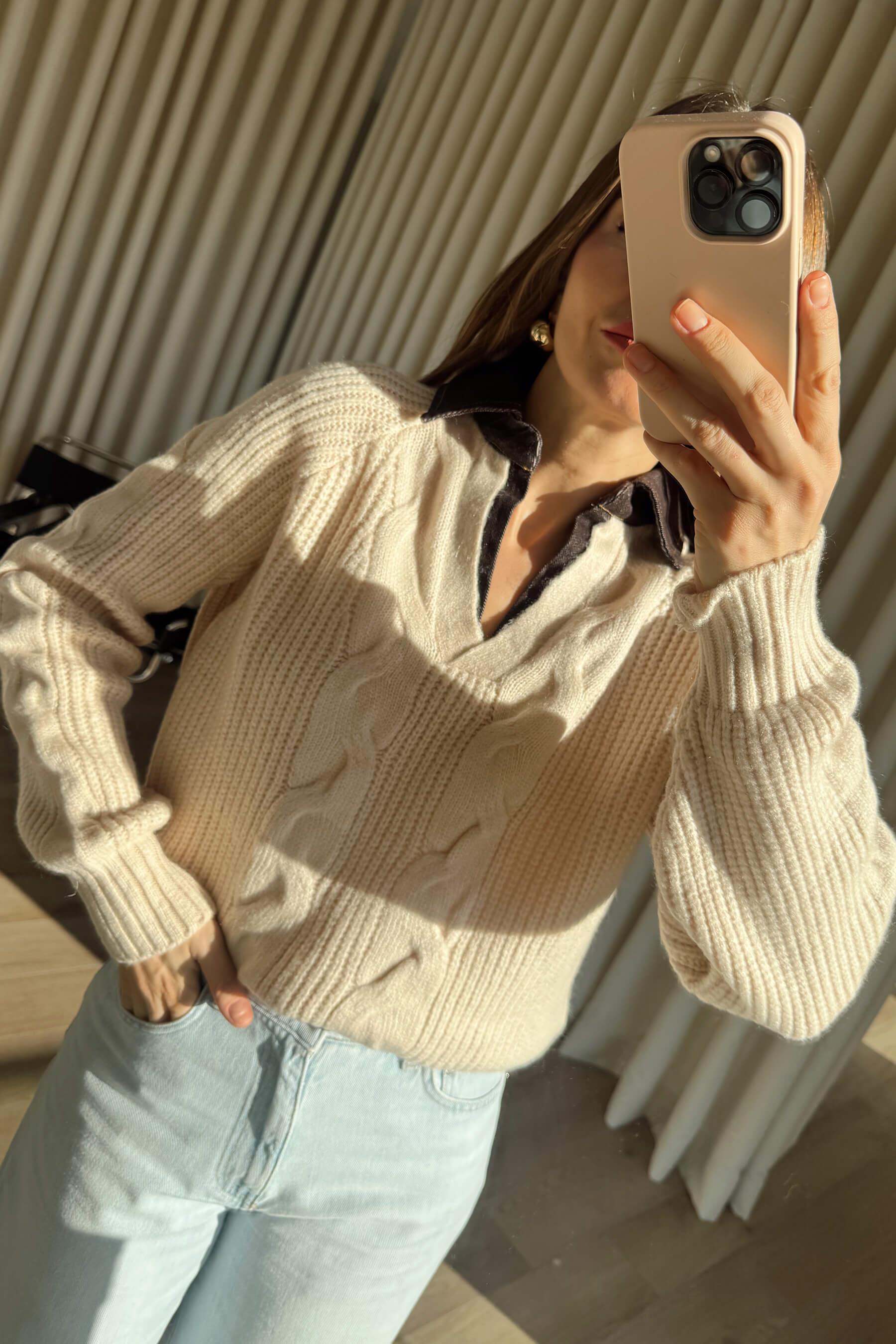 Bej Yakası Jean Model Oversize Triko Kazak