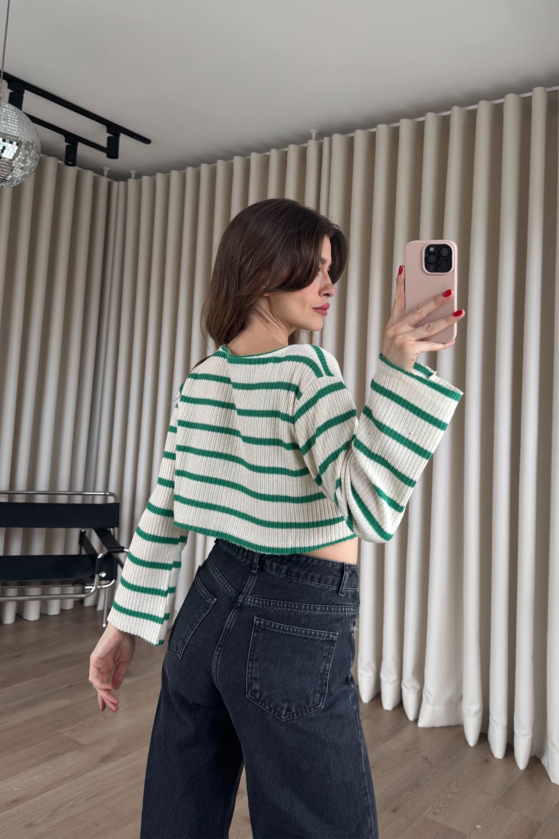 Bej Yeşil Çizgili Crop Triko Bluz