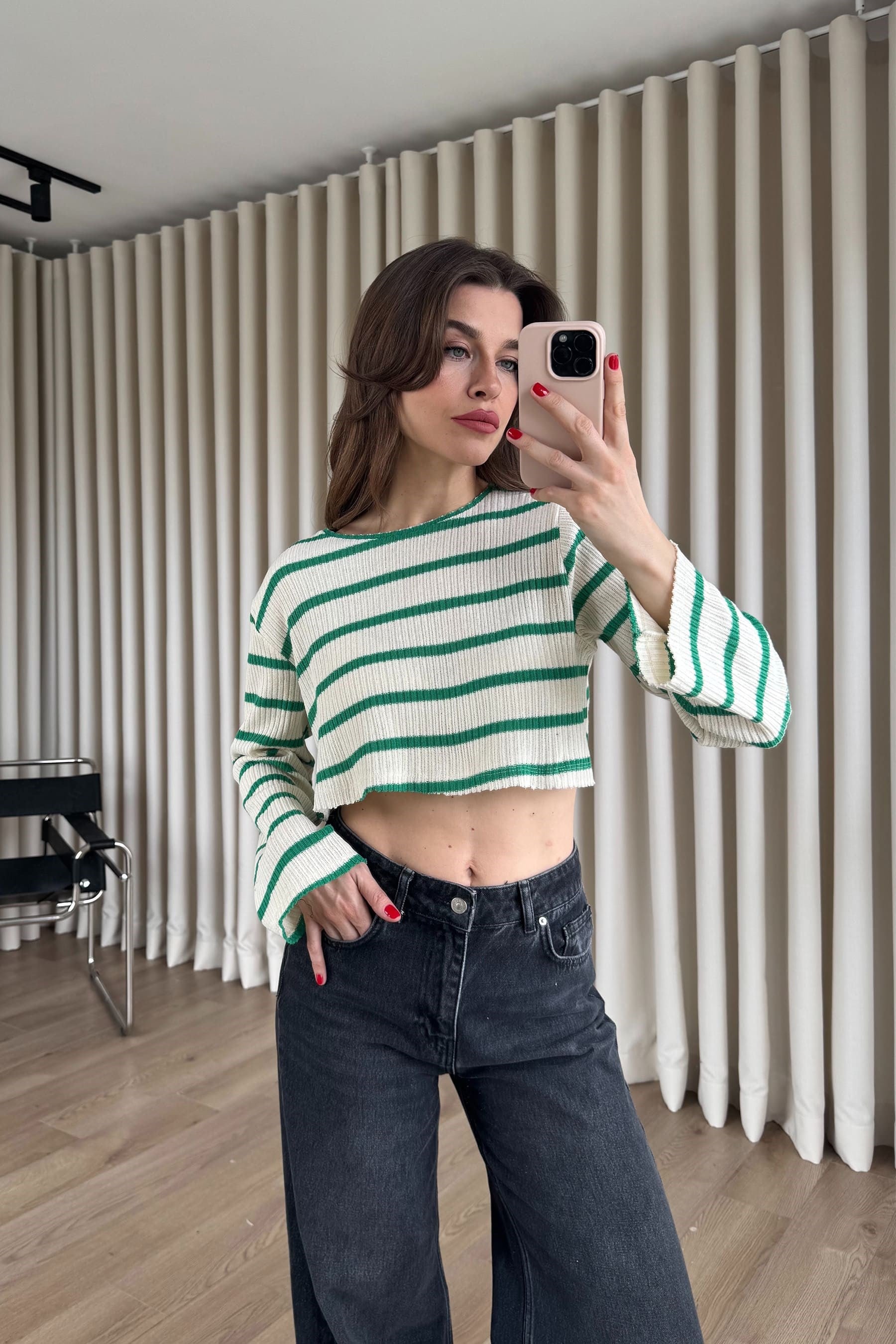 Bej Yeşil Çizgili Crop Triko Bluz