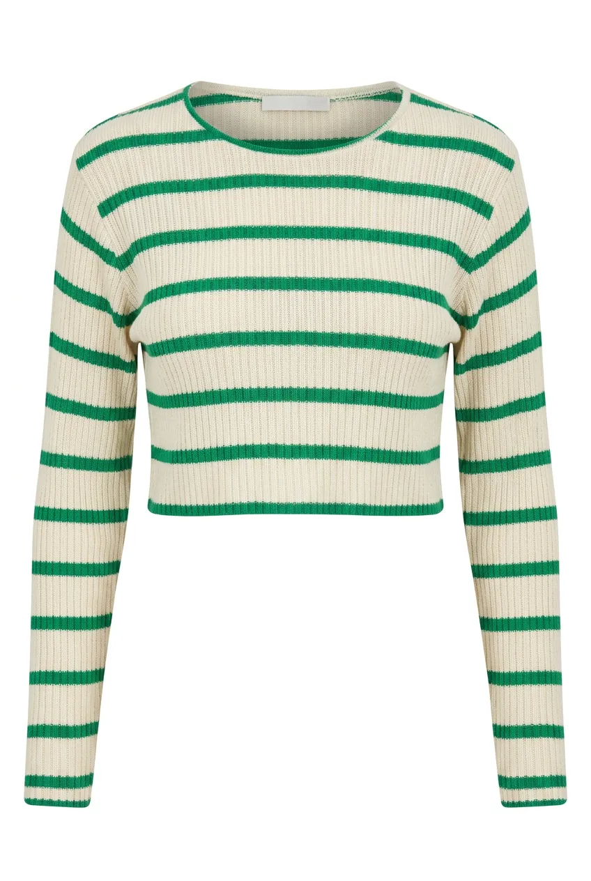Bej Yeşil Çizgili Crop Triko Bluz