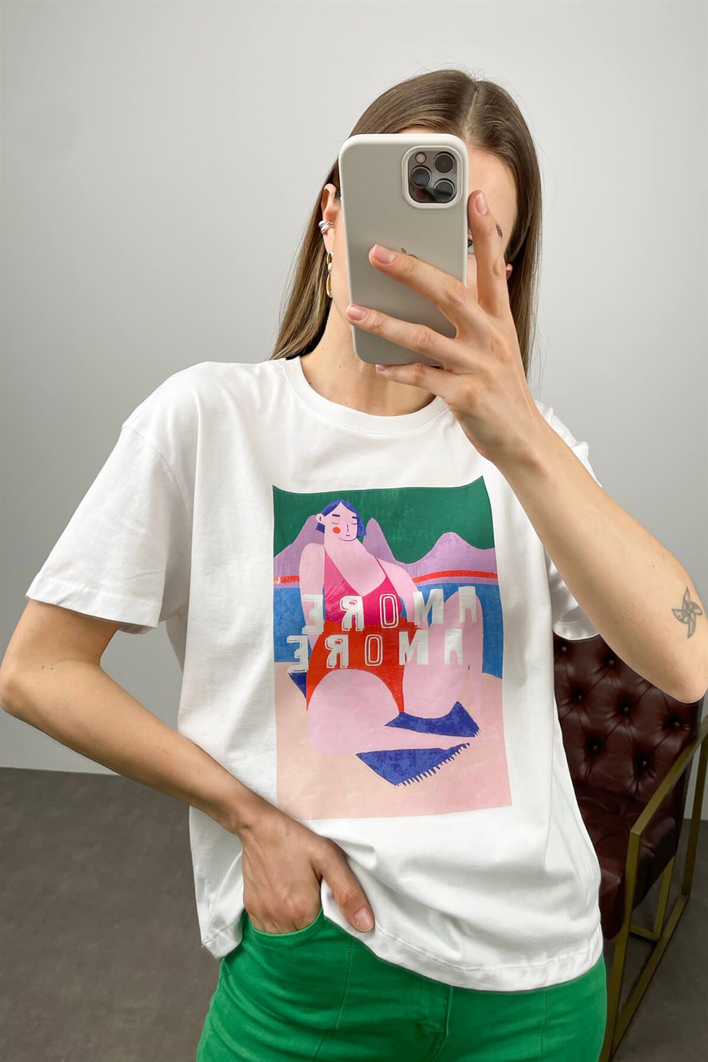 Beyaz Amore Baskılı T-Shirt