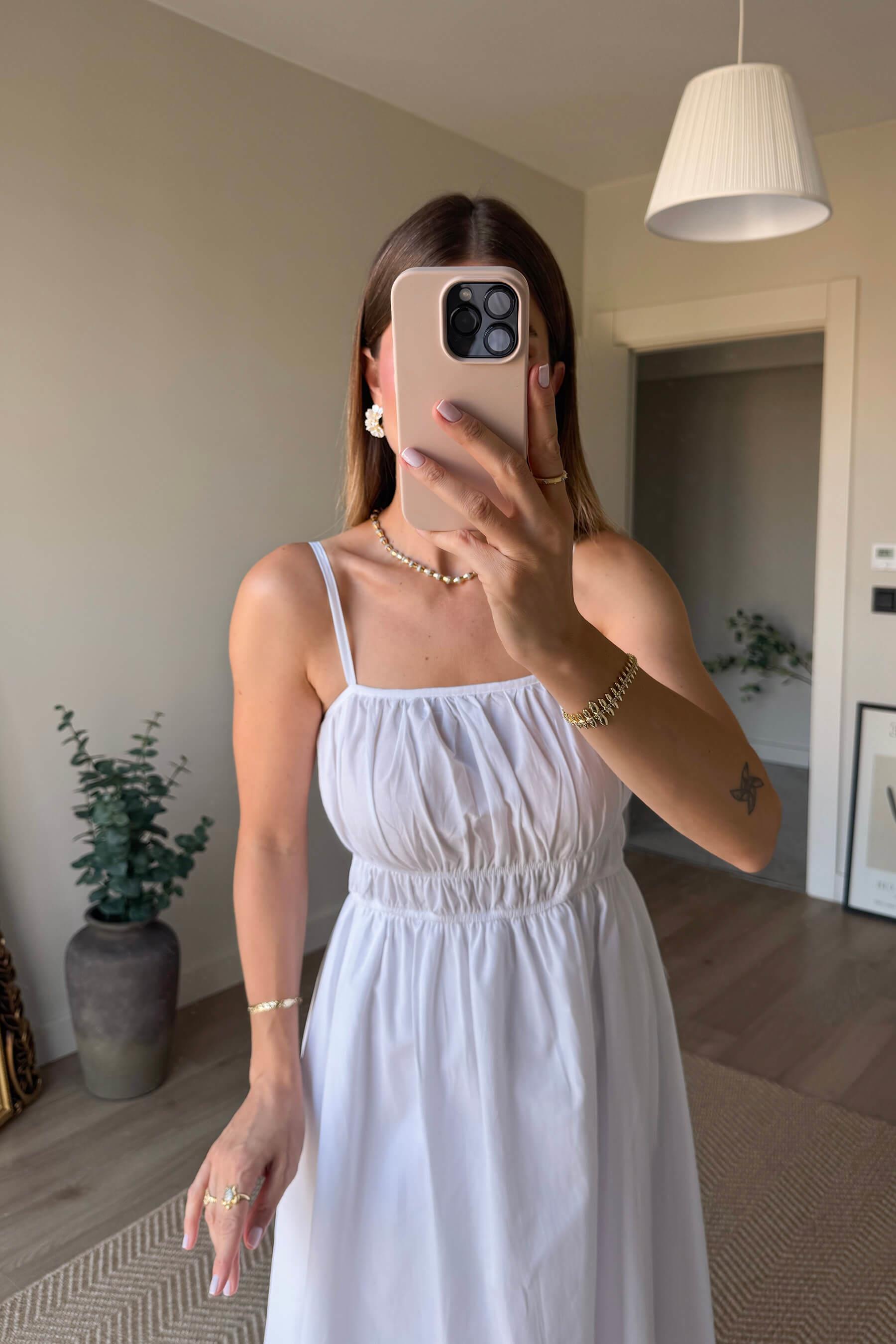 Beyaz Askılı Önü Gipeli Elbise