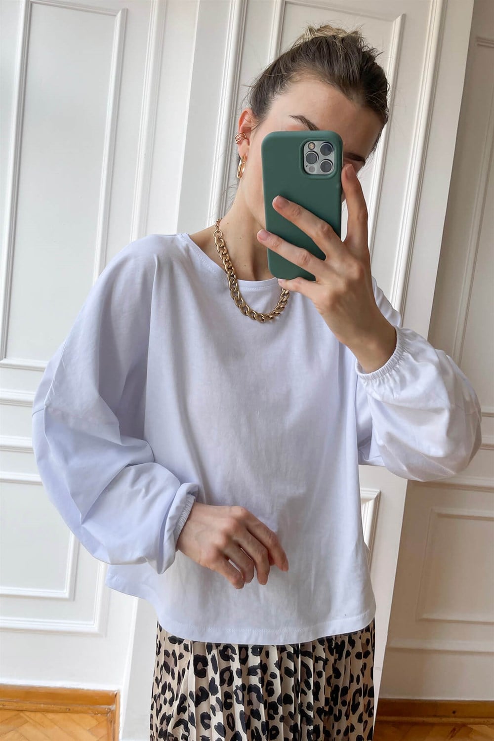 Beyaz Balon Kol Basic Sweat