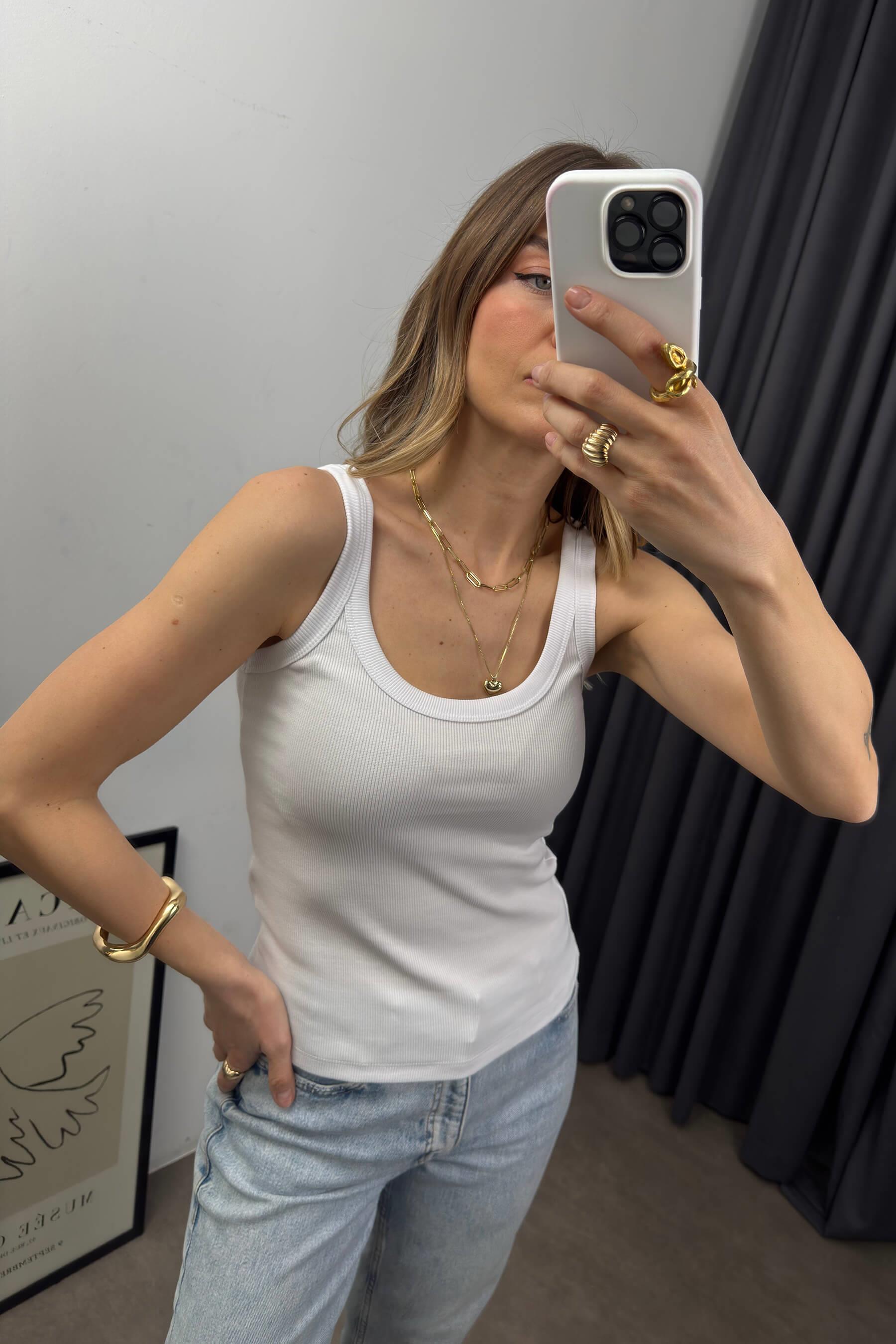 Beyaz Bisiklet Yaka Basic Fitilli Bluz