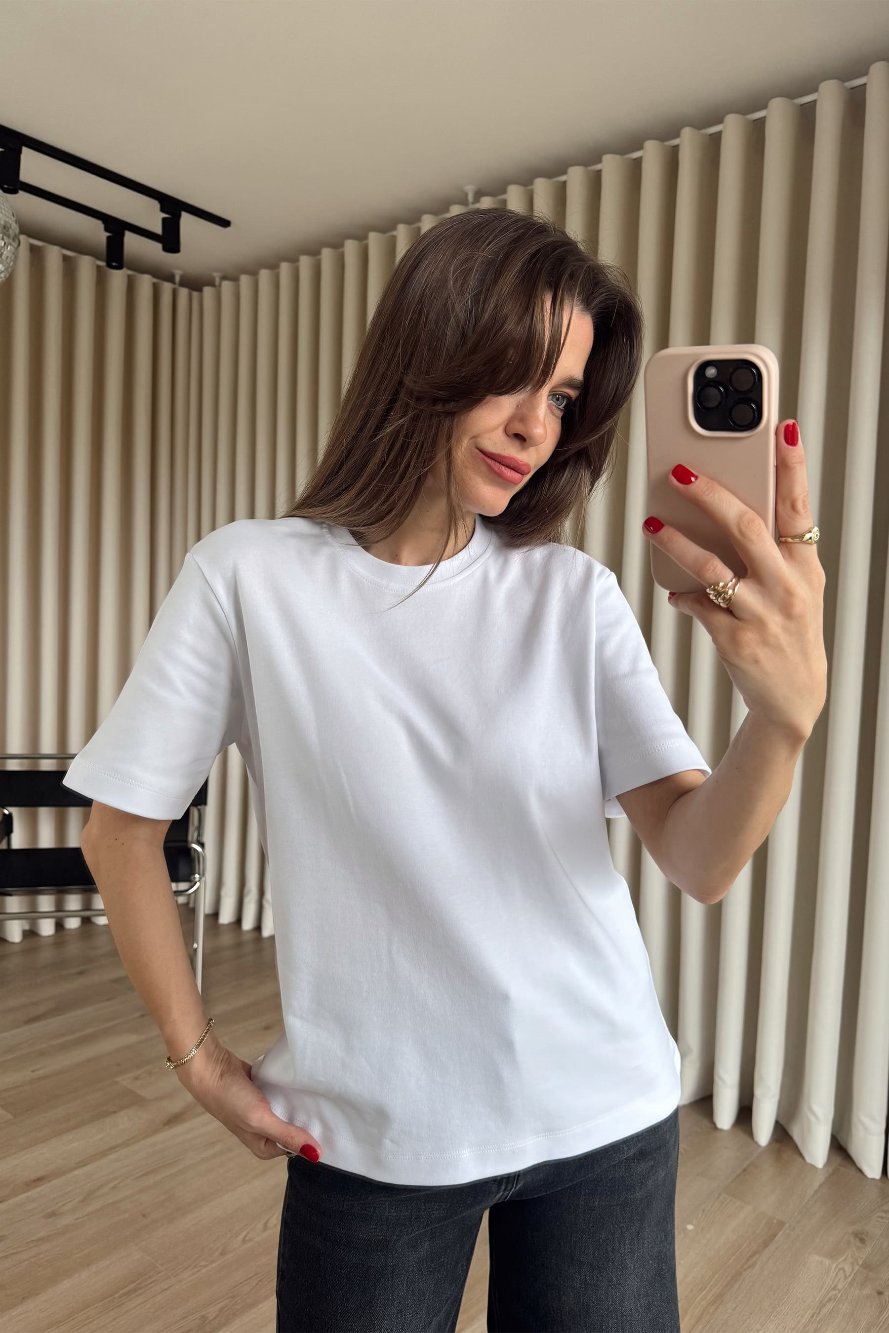 Beyaz Bisiklet Yaka Premium Oversize Pamuk T-Shirt