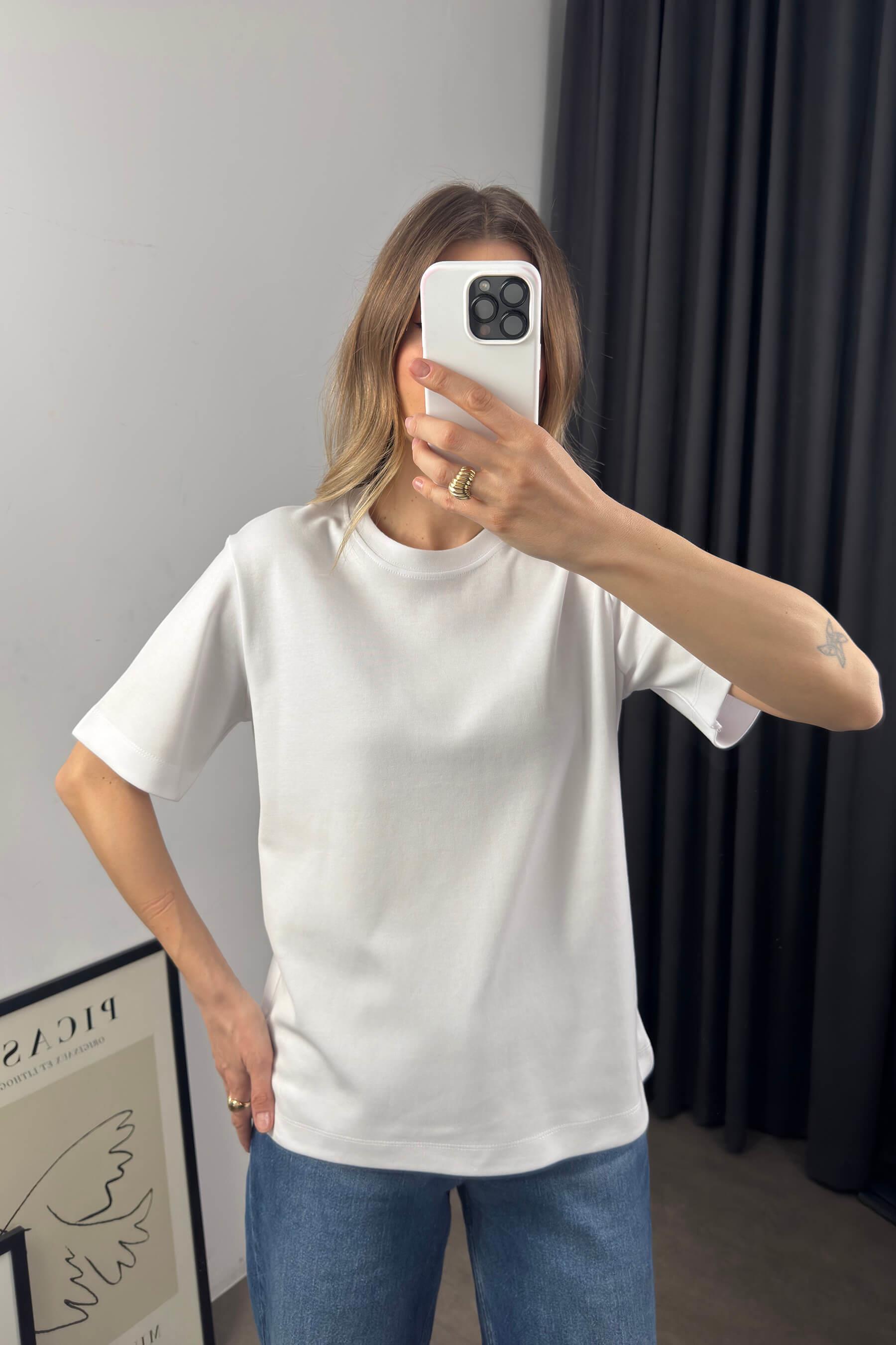 Beyaz Bisiklet Yaka Premium Oversize Pamuk T-Shirt